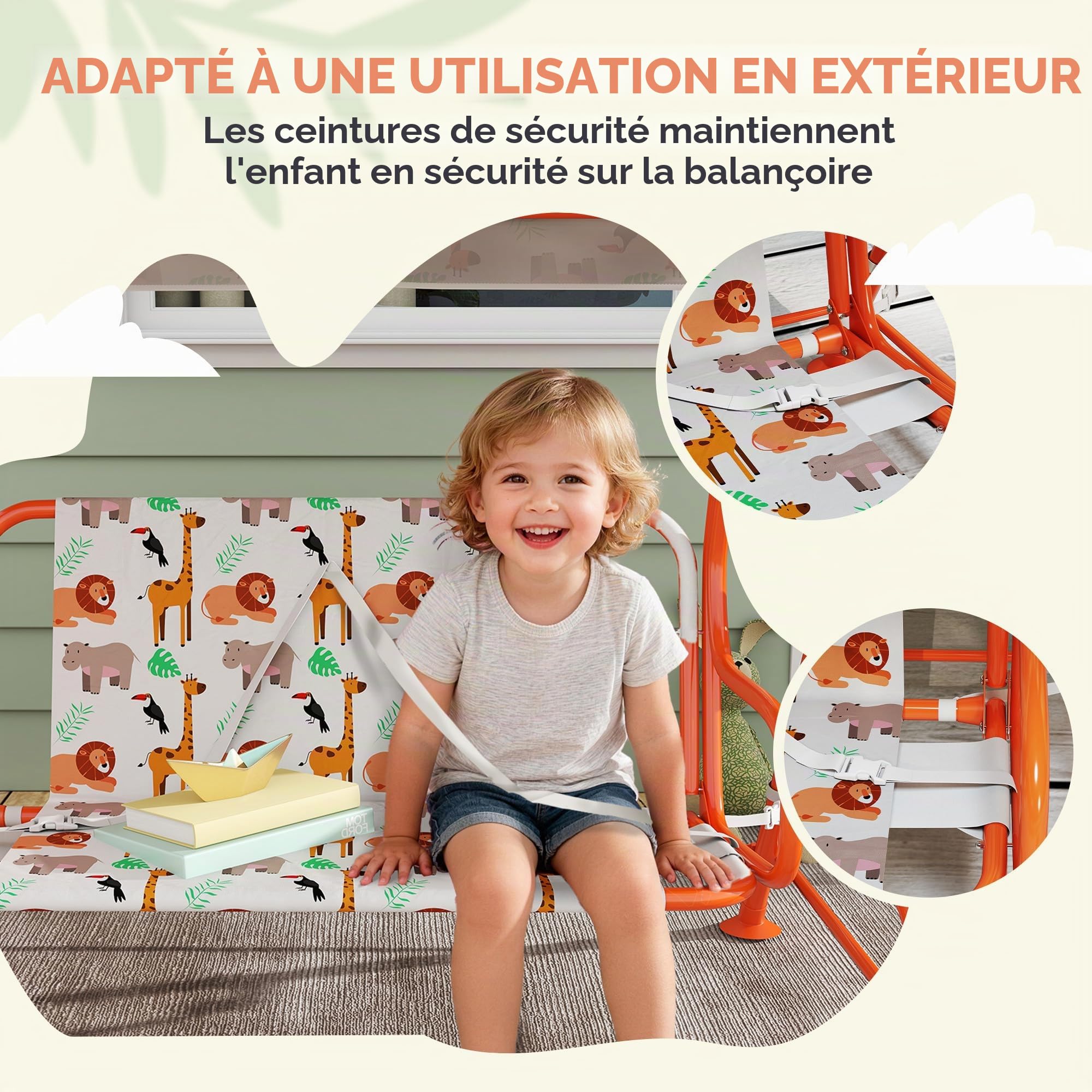 AIYAPLAY Balançoire pour enfants, banc à bascule 2 places avec auvent réglable, ceintures de sécurité, pour l'intérieur et l'extérieur, pour le jardin, la terrasse, la salle de jeux, orange