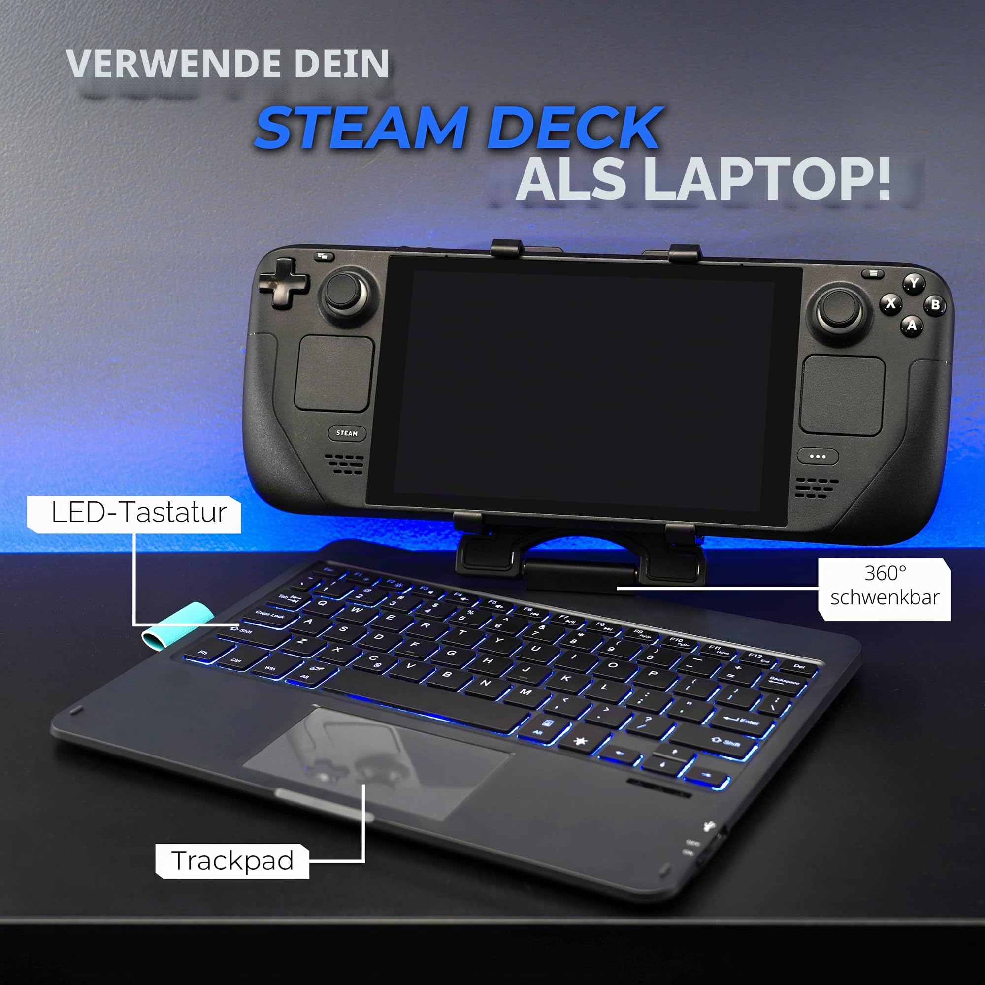 DeckTop mit Splitter – Steam-Deck-Tastatur und Bluetooth-Trackpad-Maus mit mehrfarbigem LED-Laptop-Zubehör für Ventil, Linux-PC, Gaming-Zubehör (Steam Deck/ROG Ally)