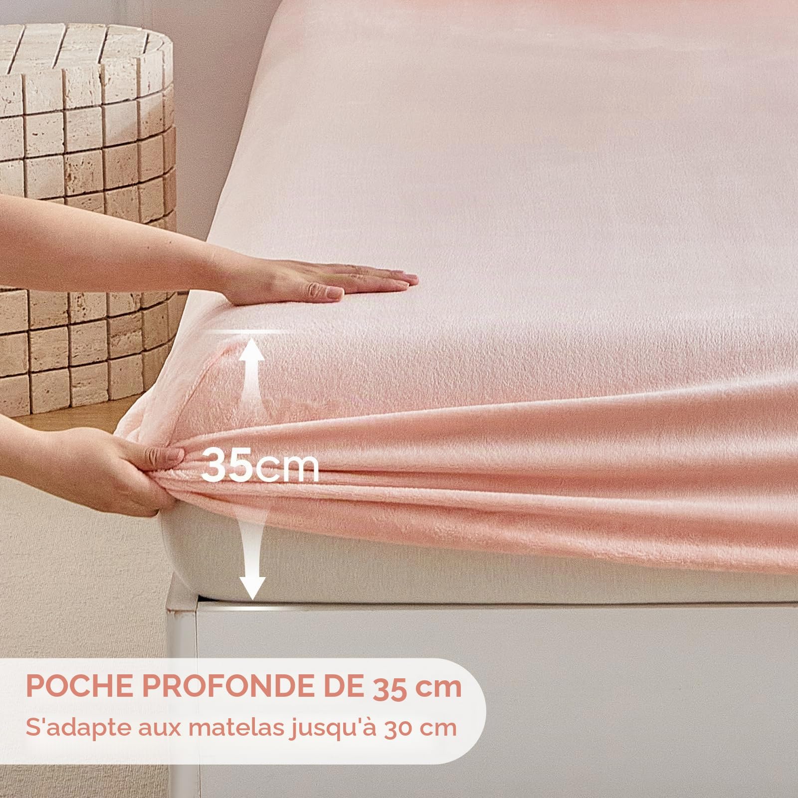 Tokokimo Flanelle Drap Housse 180x200cm - Rose - Grand Bonnet 35cm
