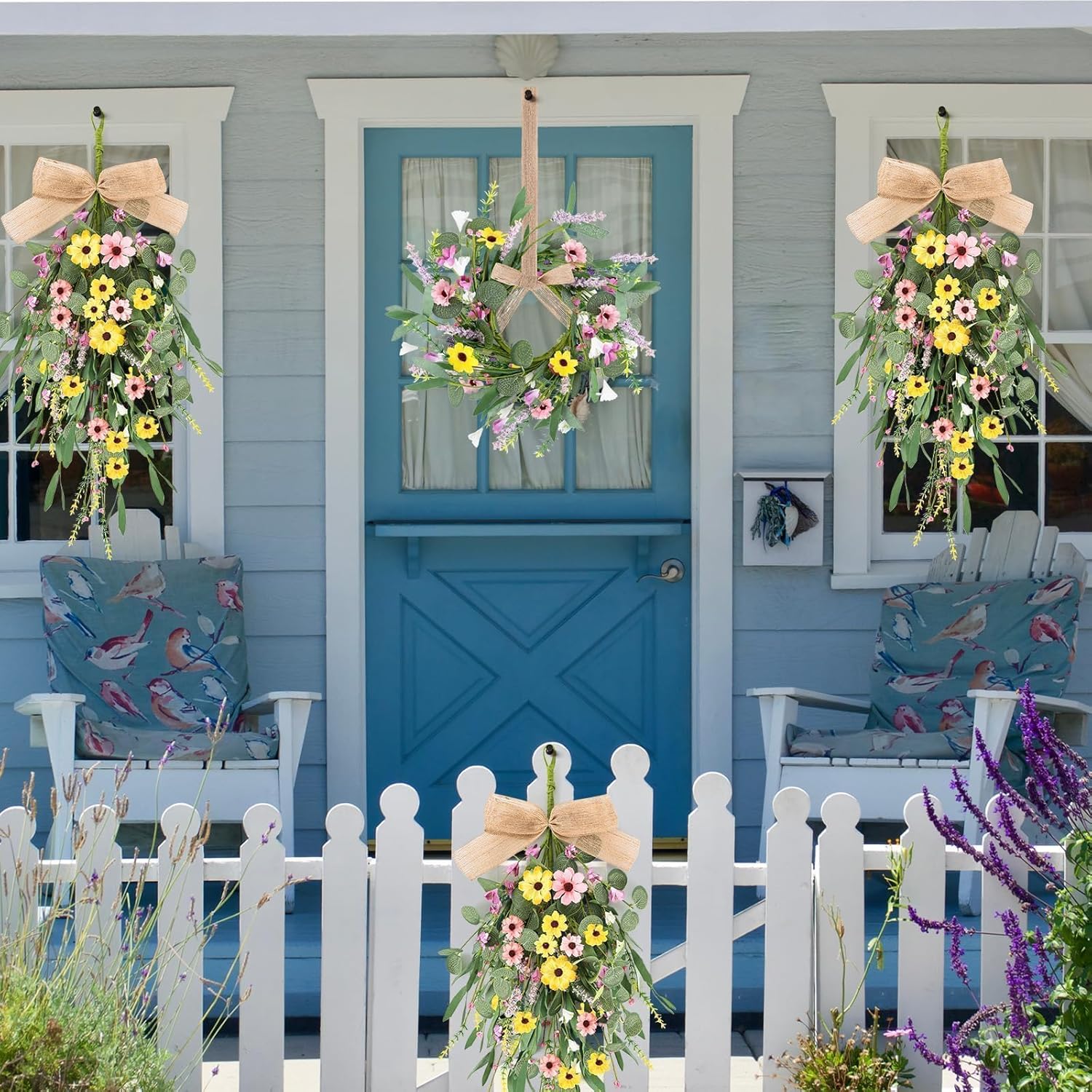 4 Pcs 22" Artificial Summer Swag Wreath Spring Floral Teardrop Swags for Front Door Farmhouse Kitchen Cabinet Wreaths with Ribbon Flowers Hanging Wreaths for Porch Outside All Season Wall Window Decor