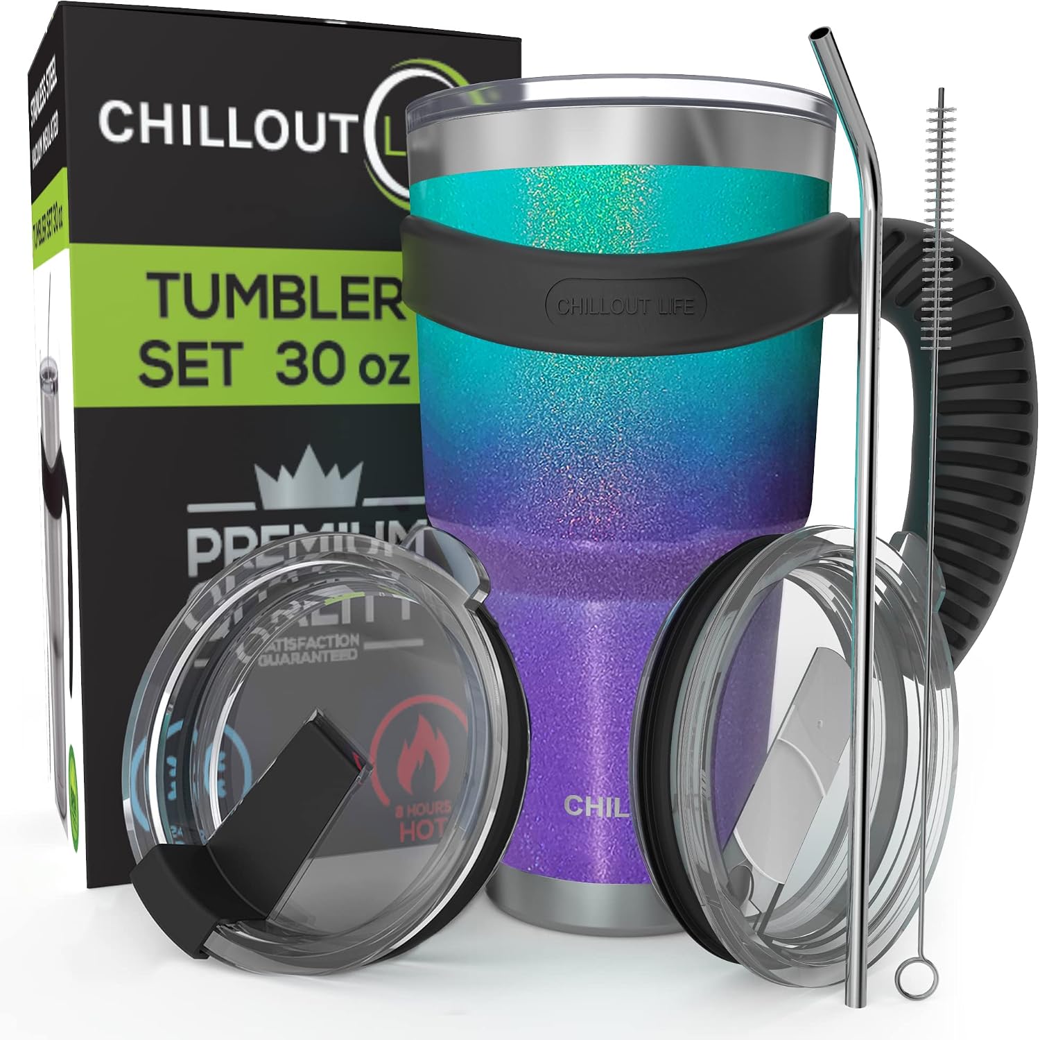 CHILLOUT LIFE Stainless Steel Travel Mug with Handle 30 oz – 6 Piece Set. Tumbler with Handle, Straw, Cleaning Brush & 2 Lids. Double Wall Insulated Large Coffee Mug Bundle