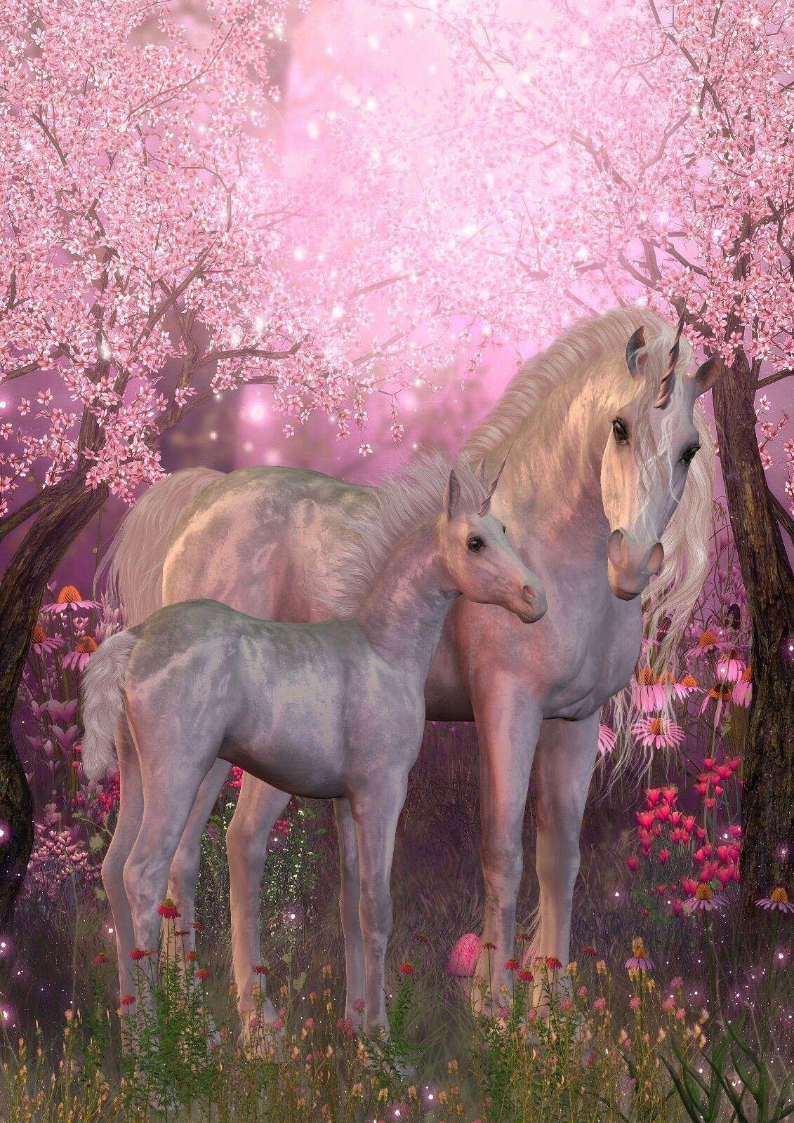 Stukk Girls White Fairytale Unicorn Pink Cherry Blossom Poster - A3 (297 X 420Mm)