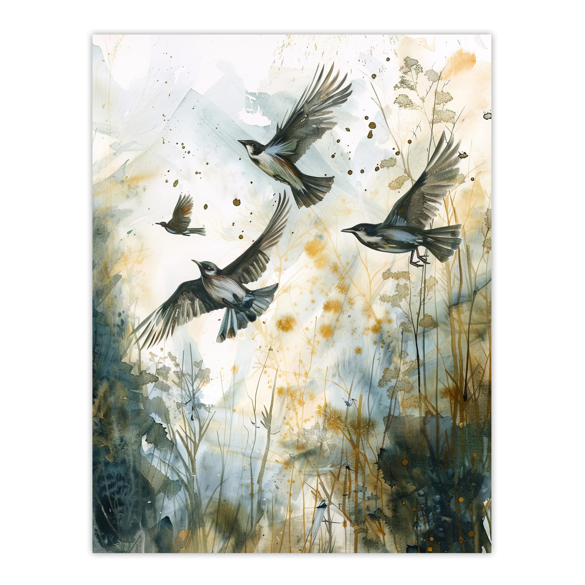 Artery8 Watercolour Painting - Birds in Flight - Autumn - Wall Art Print - Green - W18" x H24"