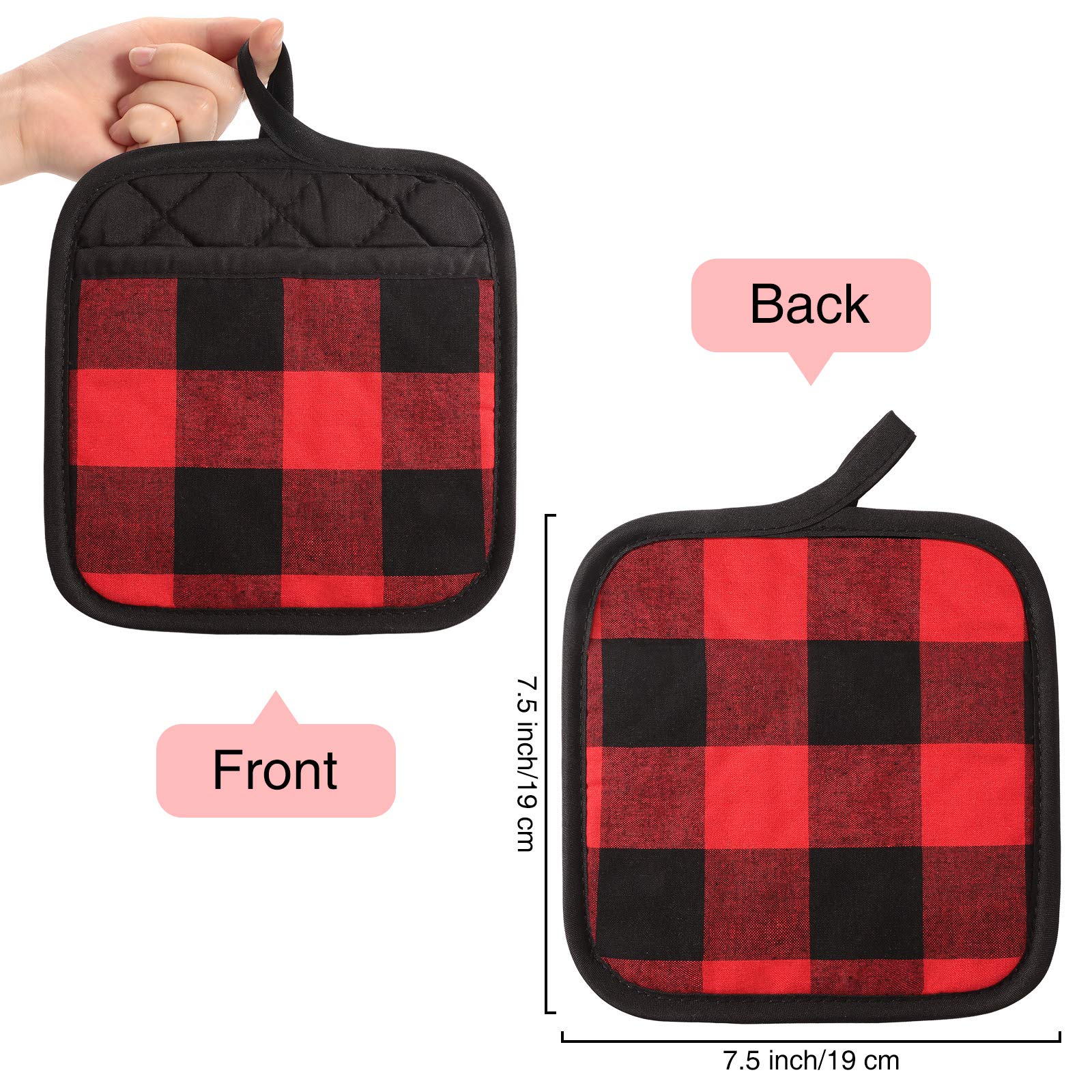 6 Pieces Valentine's Buffalo Check Pot Holders with Pocket, Classic Farmhouse Hot Pad Buffalo Plaid Cloth Potholders Heat Insulation Potholder for Kitchen Cooking Baking(Red Black)