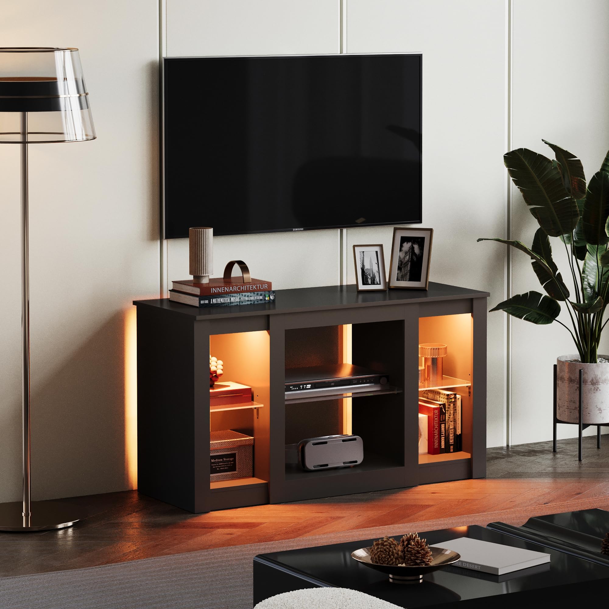 WLIVE TV Schrank, Lowboard Schwarz mit 22 Farben RGB Fernsehschrank, Fernsehtisch Klein mit Verstellbaren Glasböden, Sideboard für Wohnzimmer Schlafzimmer, Schwarz, 100 x 40 x 56 cm