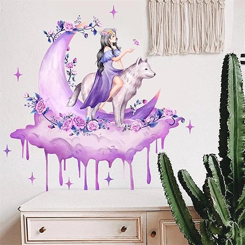 Miniatura 5 de Calcomanías de pared de luna morada, rosa, lobo y niña, calcomanías creativas de pared de arte de belleza fría, vinilo extraíble para niñas, niños,