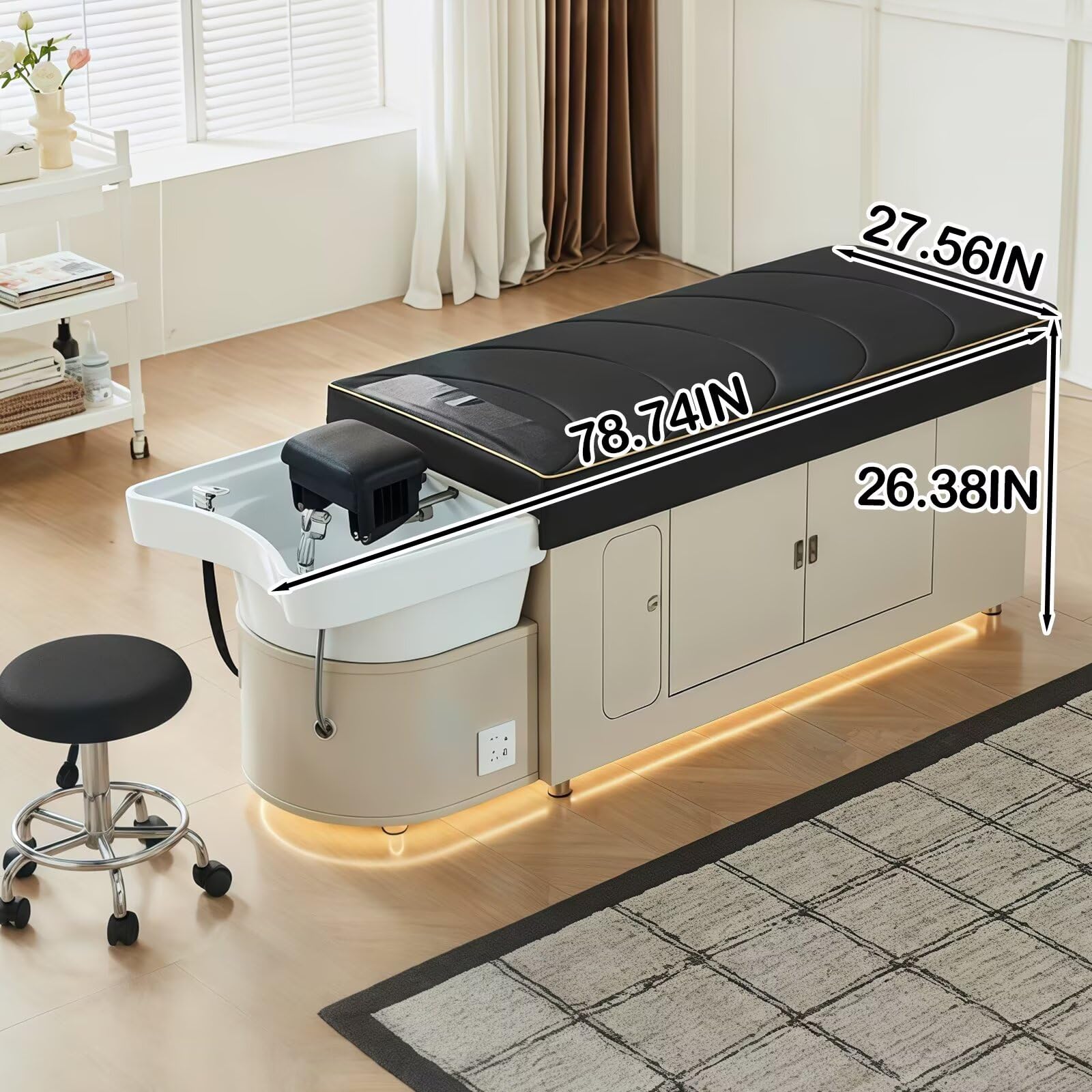 Nosze do spa z funkcją mycia i masażu, kolor czarny, ze światłem nastrojowym i schowkiem, wyposażenie do spa kosmetycznego.