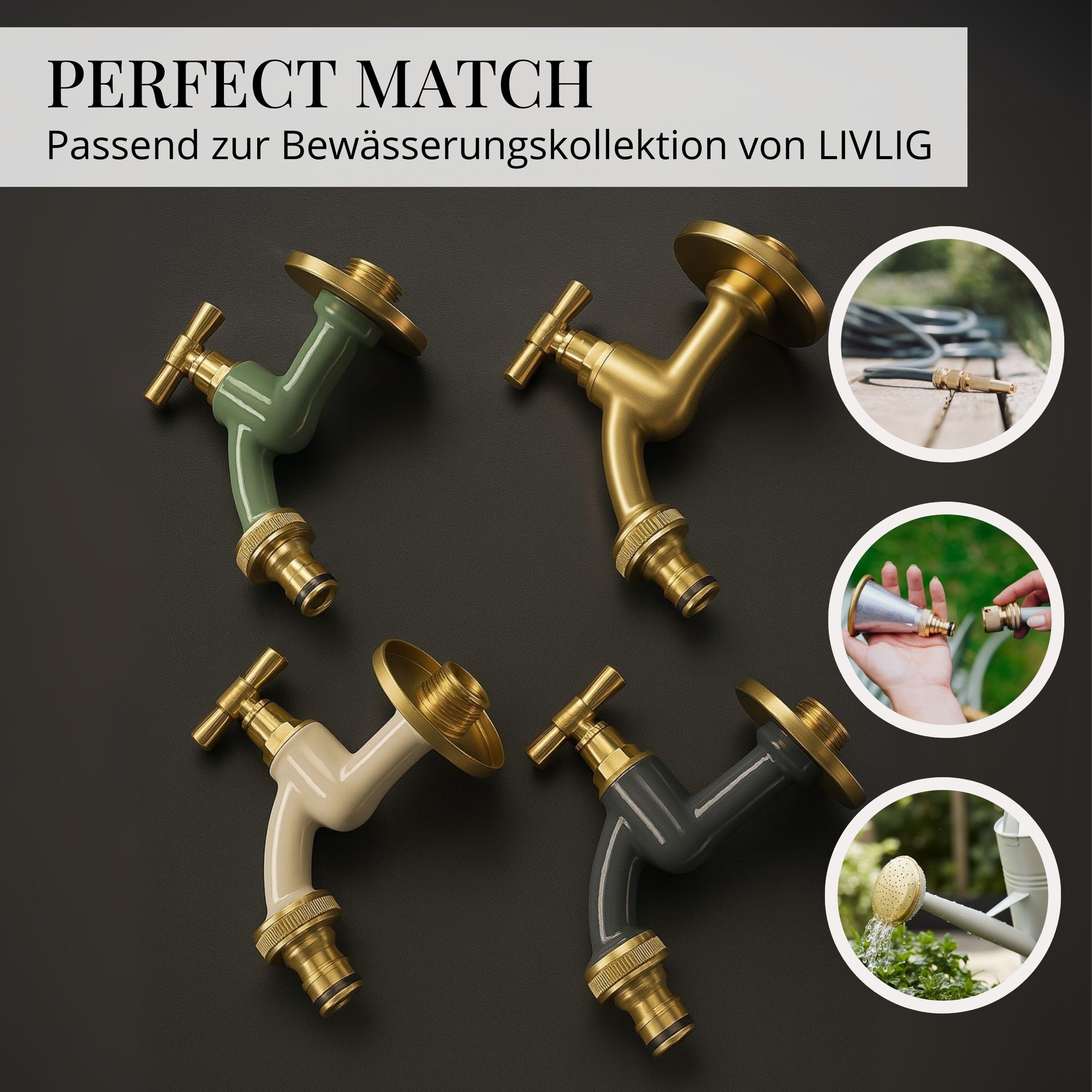 LIVLIG Premium Wasserhahn Garten, Außenwasserhahn frostsicher mit Rosettengarnitur & Schlauchanschluss, Kaltwasserhahn aus Messing, Design Wasserhahn Gold mit matter Pulverbeschichtung