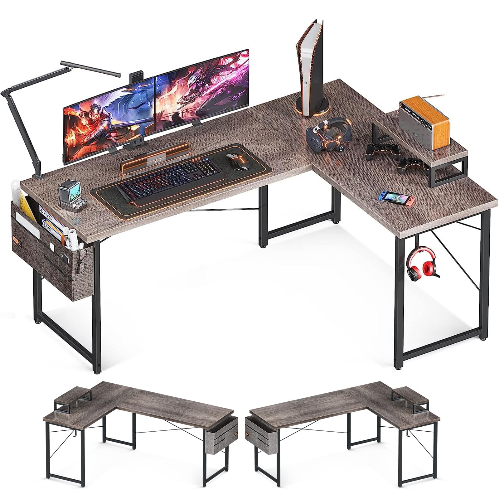 ODK 59" L-Shaped Modern Gray Oak Computer Desk, Home Office & Gaming Workstation with Monitor Shelf & Space-Saving Design