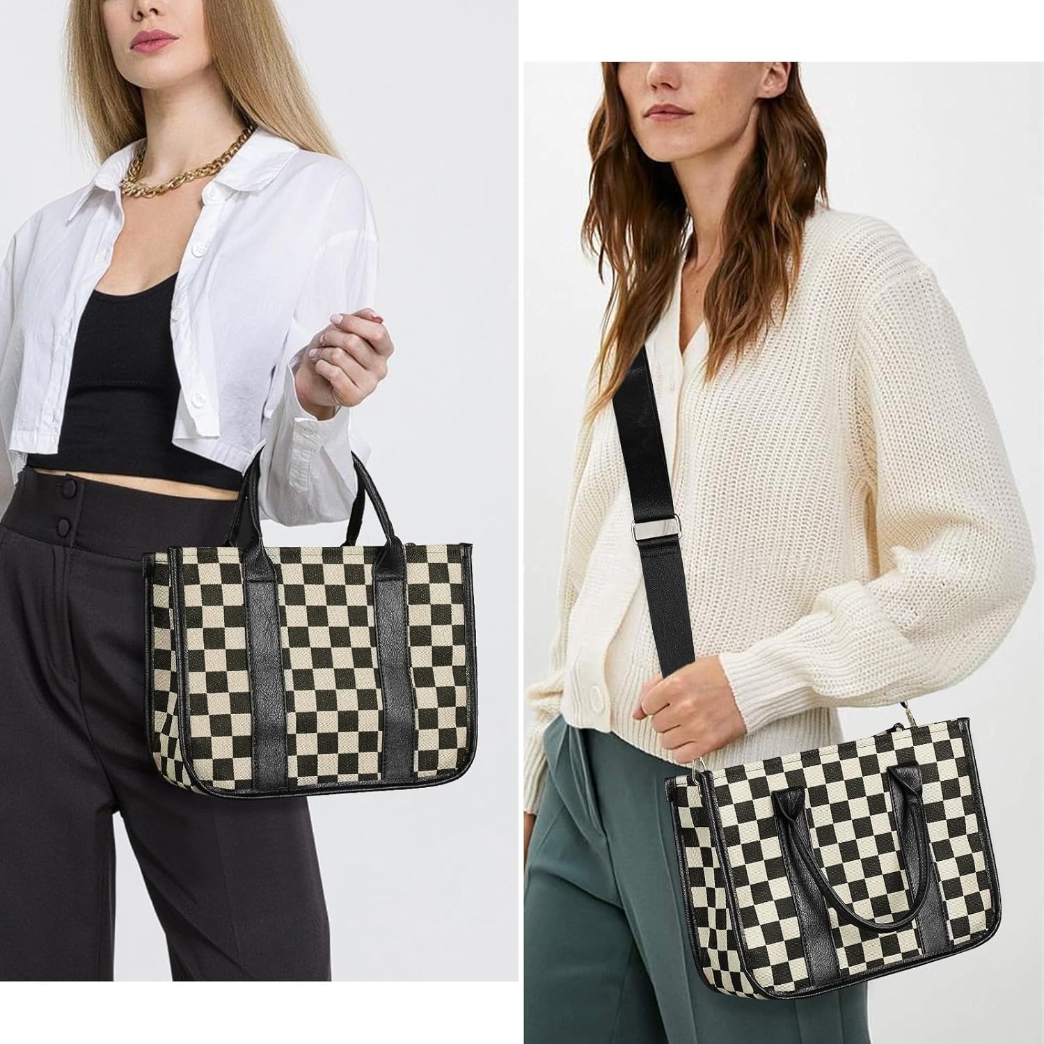 Small Checkered Crossbody Bag Checkered Tote Handbags Black and White Purse Casual Tote Handbags for Work Travel - Image 7