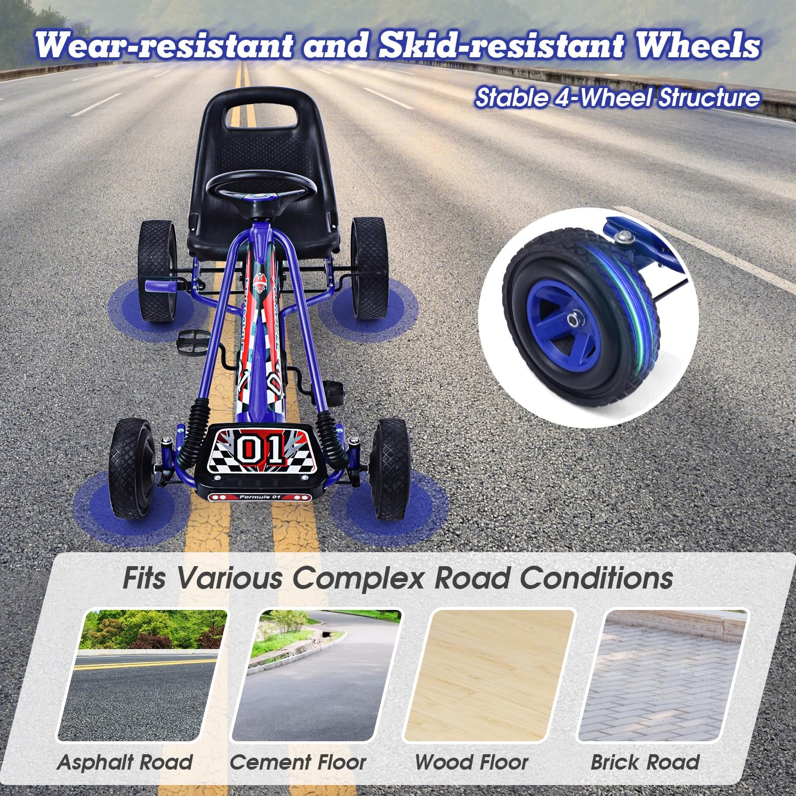 RELAX4LIFE Go Kart para Niños con Asiento Ajustable en 2 Niveles, 2 Pedales Antideslizantes y Freno de Mano, Coche de Pedales de PP con Ruedas de Goma, Adelante y Atrás, 101x61x62cm (Azul)
