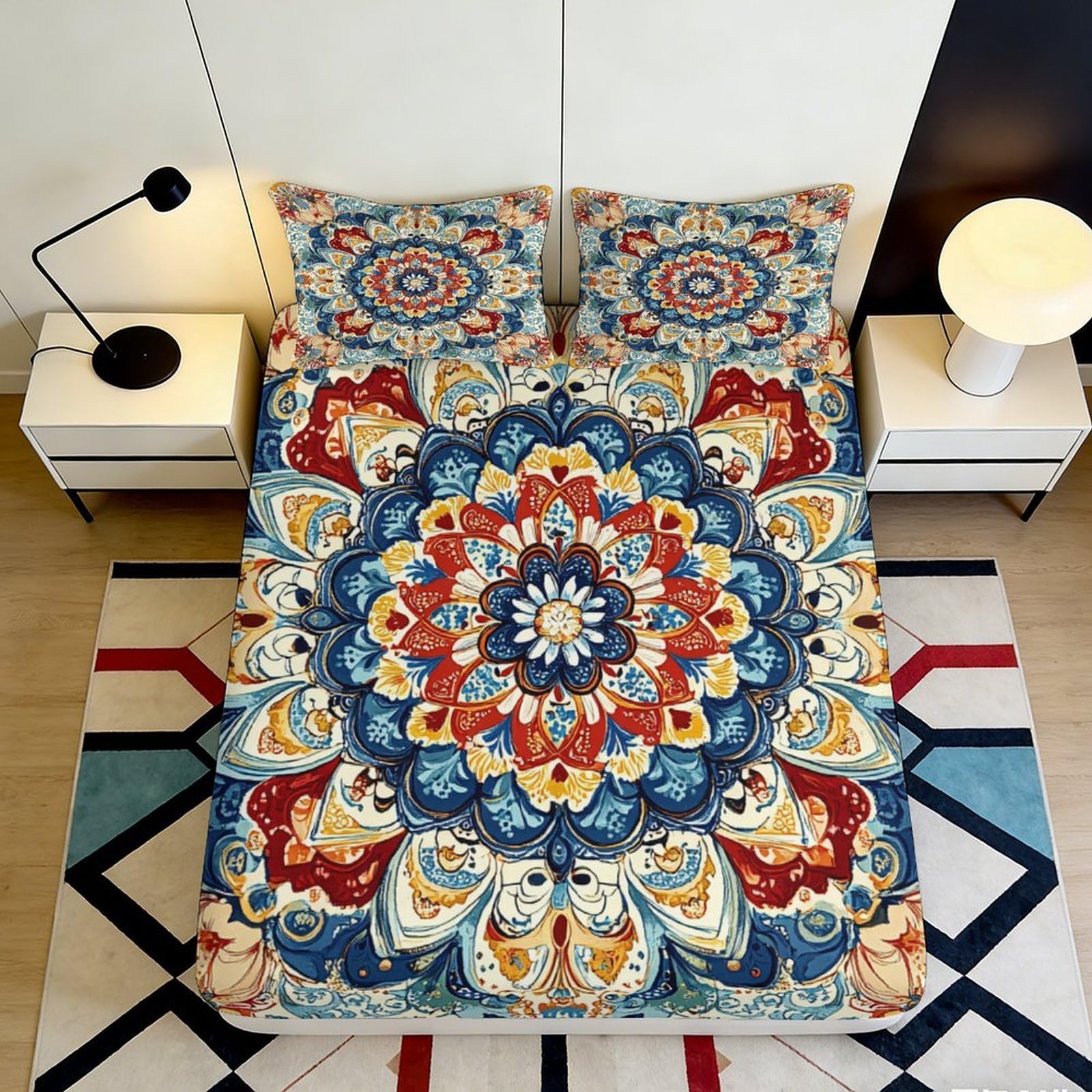 Uynsixtme Style-6 3D Printed Mandala Pattern Fitted Sheet Microfiber Deep Pocket Elastic Hem Bedroom Bedding Mandala Mattress Fitted Cover Washable 140X200x25cm