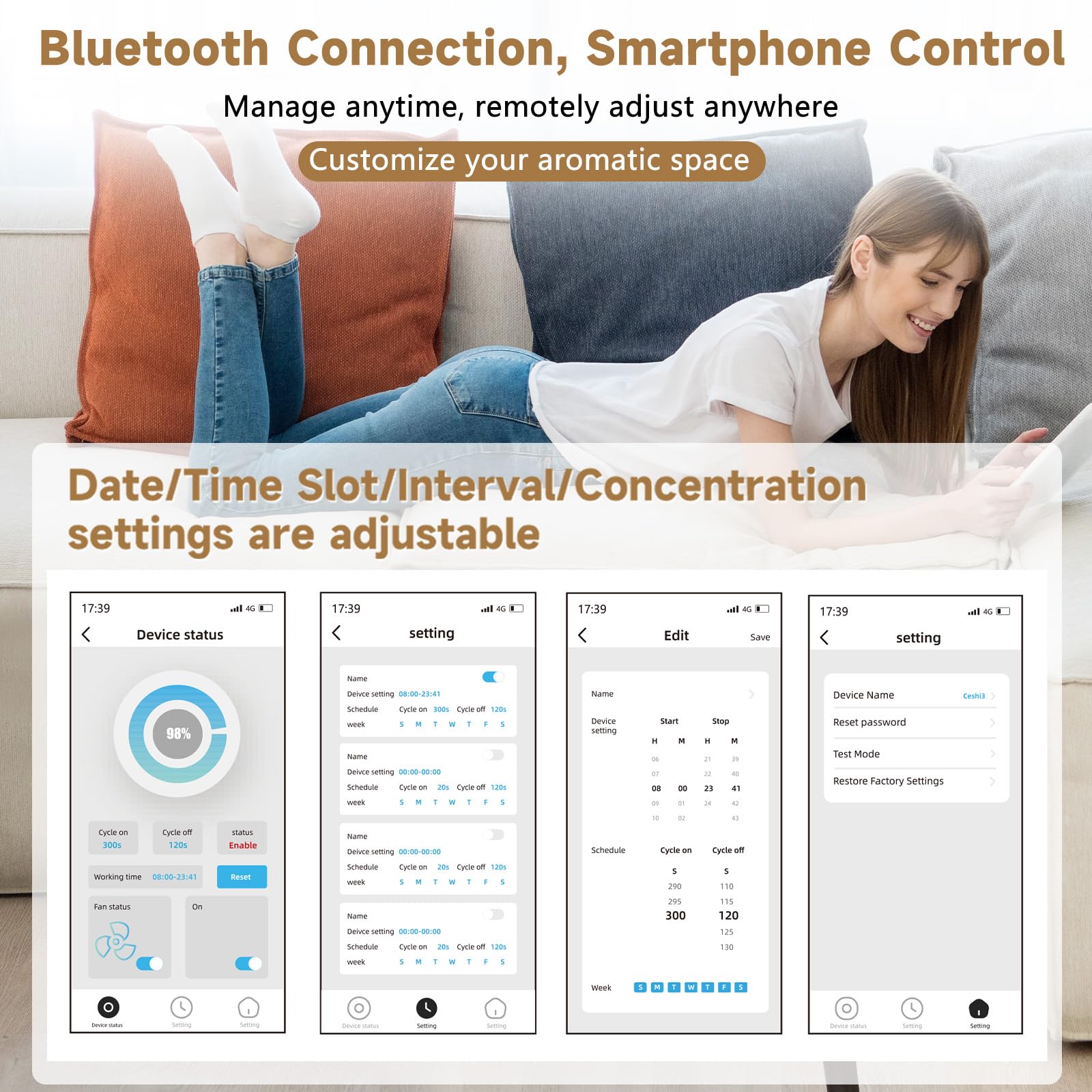Difusor de Aroma Inteligente Sin Agua, Difusor Aceites Esenciales con Pantalla LCD Bluetooth Inteligente, Difusor de Aromaterapia para Hogar, Dormitorio, SPA y Hotel (Sin Aceites)