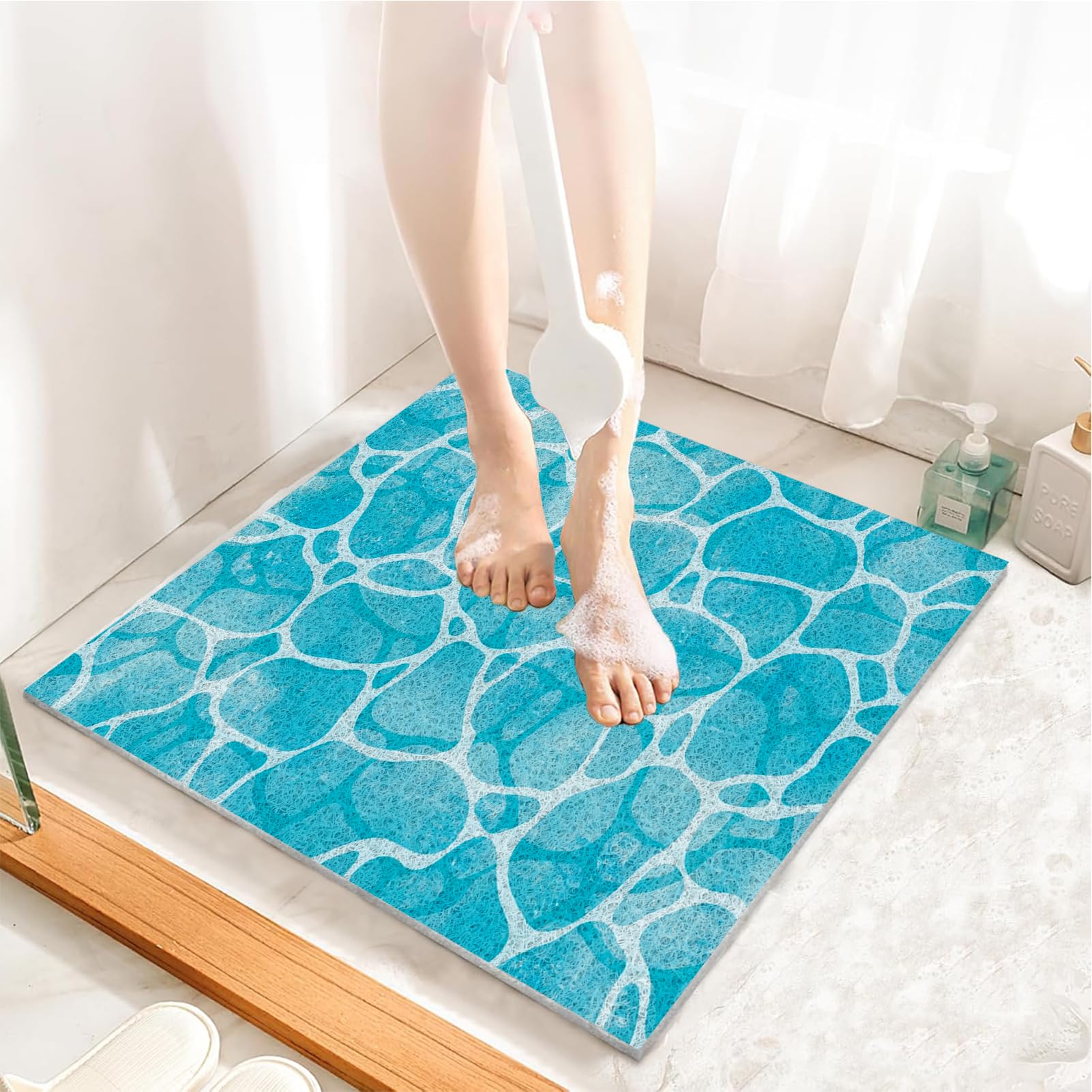 Tappetino da bagno antiscivolo, per vasca interna, in morbido PVC, con eccellente permeabilità, asciugatura rapida (80 x 80 cm, beige ciano)
