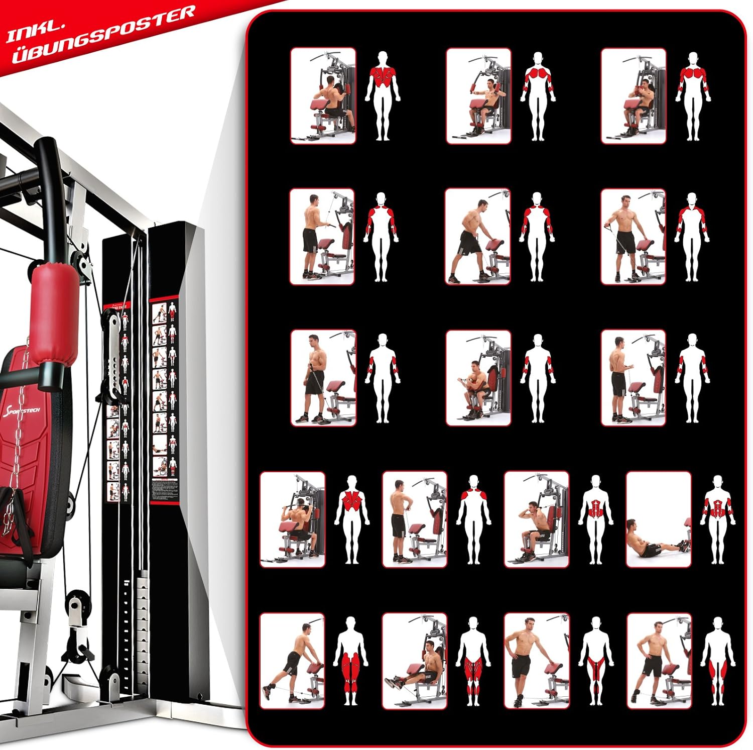Included exercise poster for the Sportstech HGX100, showing various workout routines and targeted muscles.