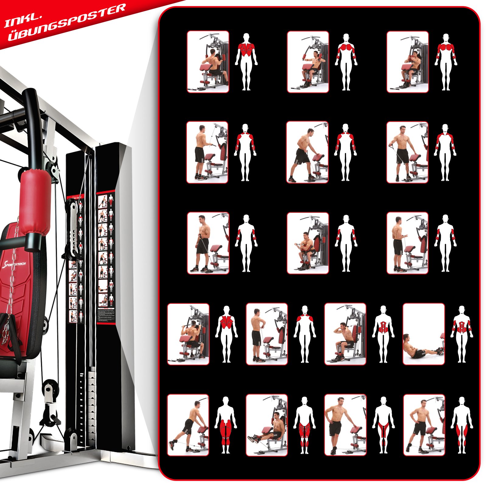 Sportstech Kraftstation HGX100/HGX300 Multifunktions-Homegym – über 45 Übungen Ganzkörper, Latzugturm, Kabelturm, Butterfly, Bankdrücken & Beinstrecker, bis 80 kg Gewichtsblock, für Zuhause