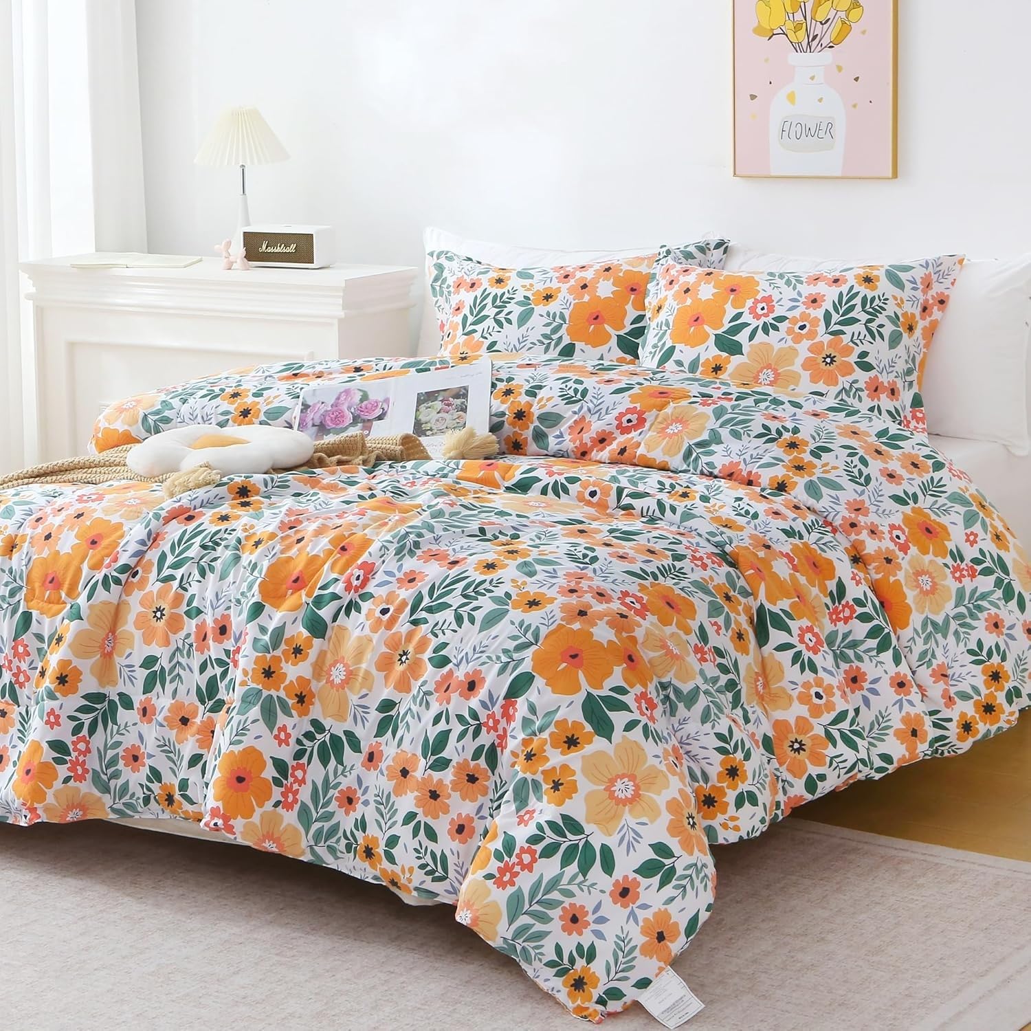 Generisch Blumen Bettdecke Mikrofaser-Bettwäscheset Orange 135x200
