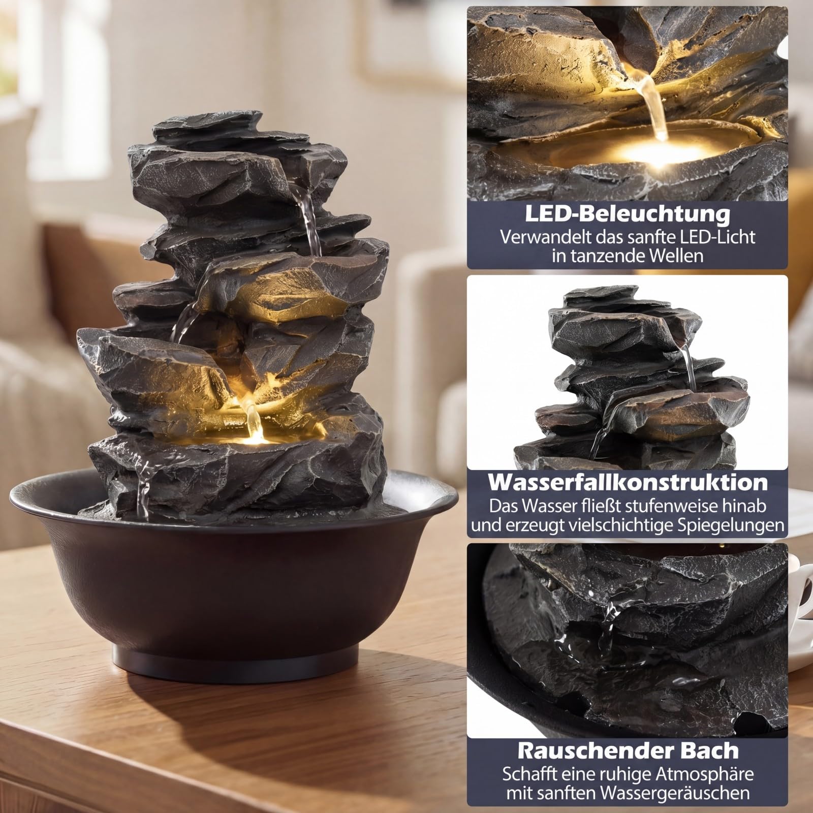 COSTWAY Zimmerbrunnen mit Pumpe, Tischbrunnen mit LED Beleuchtung & einstellbarer Wasserdurchfluss, Wasserbrunnen Stein Optik, Springbrunnen für Garten, Brunnen Wasserfall, Tischdekoration, 21,5x26 cm