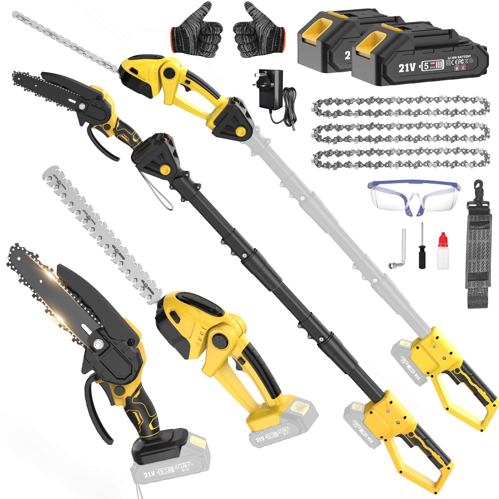 AIKUSICK 4-in-1 Cordless Hedge Trimmer & Mini Chainsaw, Electric Pole Saw with 2 Batteries, 135ยฐ Adjustable Head, Handheld & Long Reach Garden Tools for Tree Trimming Limb Branch Cutters Pruner