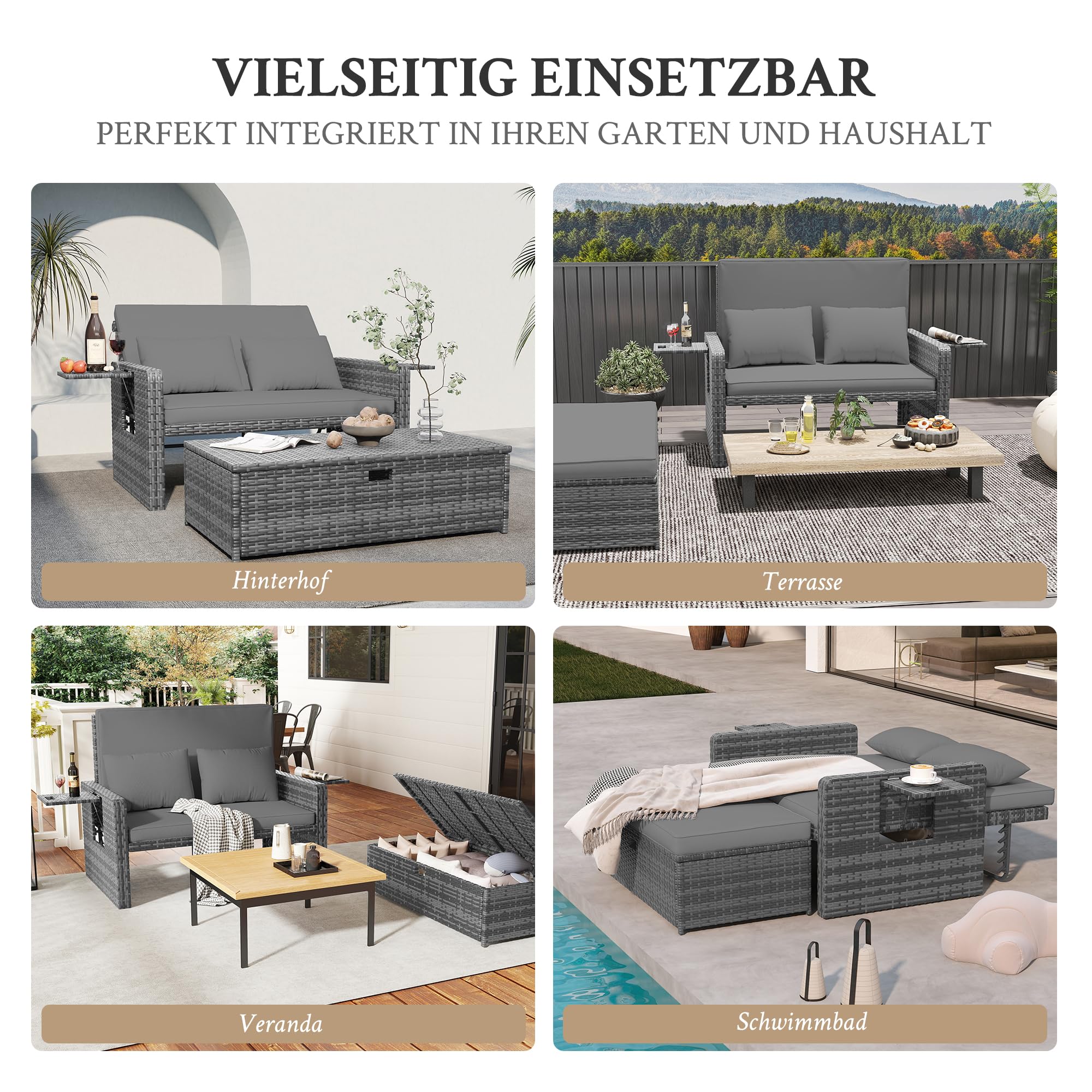 Amopatio Rattan Gartenlounge Outdoor Set, 2-Sitzer Gartensofa mit Verstellbarer Rückenlehne und Stauraum, Wetterfestes Lounge Möbel für Balkon und Terrasse, mit Hocker und Kissen, Grey