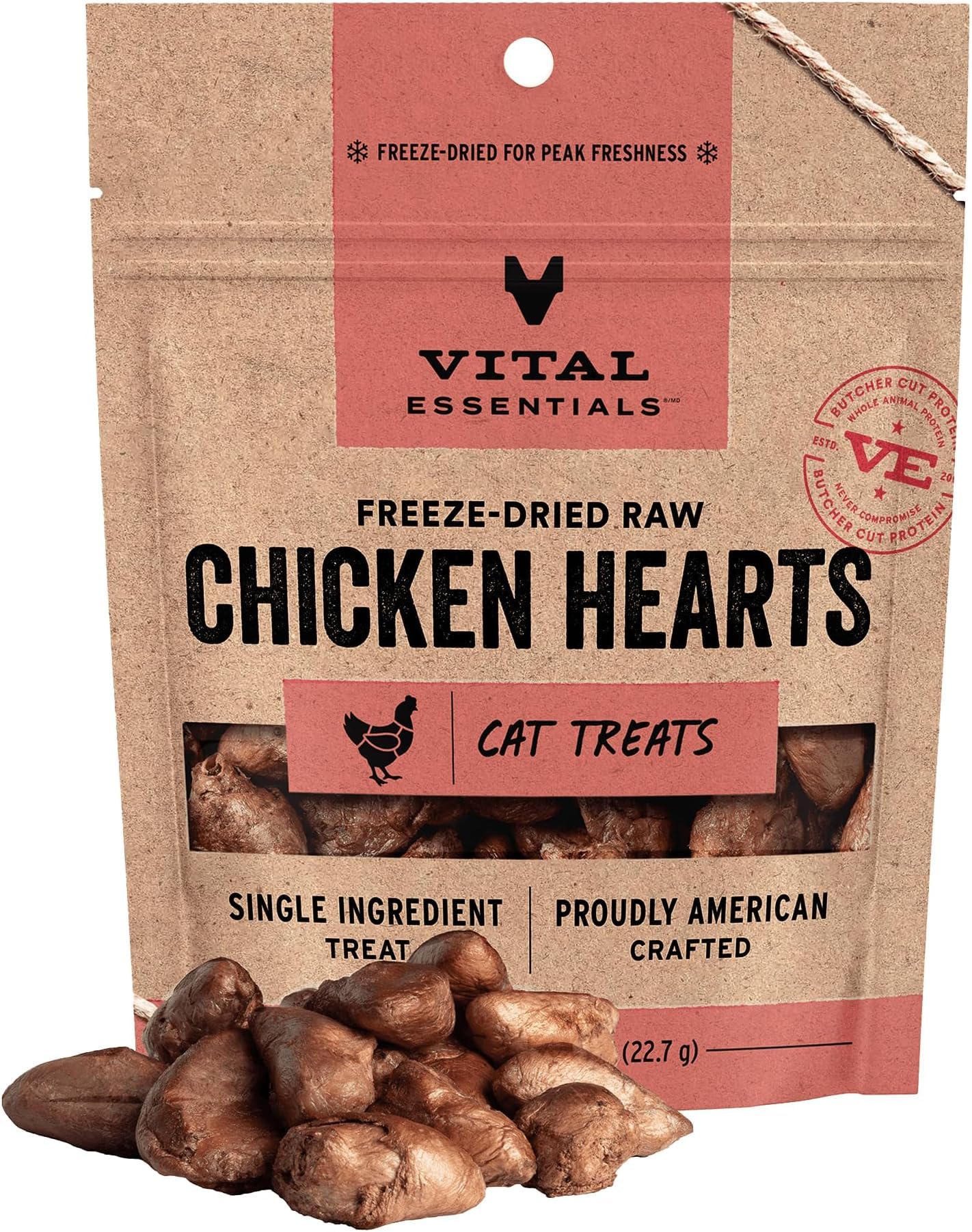 Vital Essentials Cat Treats, Chicken Hearts, Freeze Dried | Single Ingredient | 0.8 OZ | Pack of 6