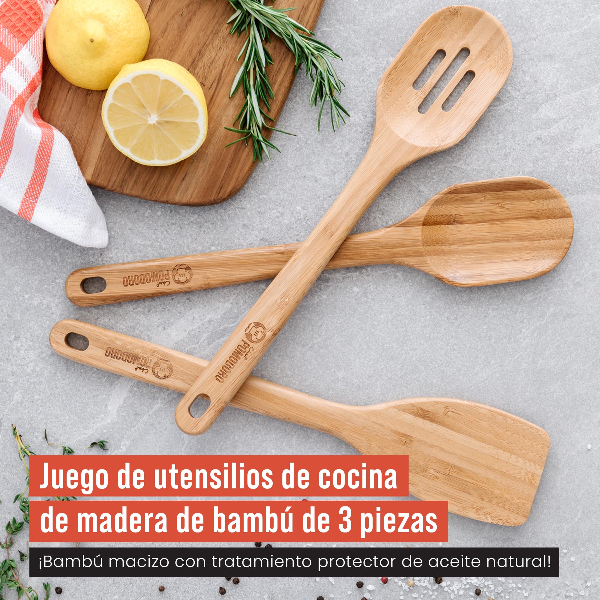 Chef Pomodoro Utensilios de Cocina Madera | Set de 3 Piezas Utensilios Cocina Bambú | Paleta Cocina Grande 31 cm, Cuchara Madera y Cuchara con Orificios | Set Menaje de Cocina