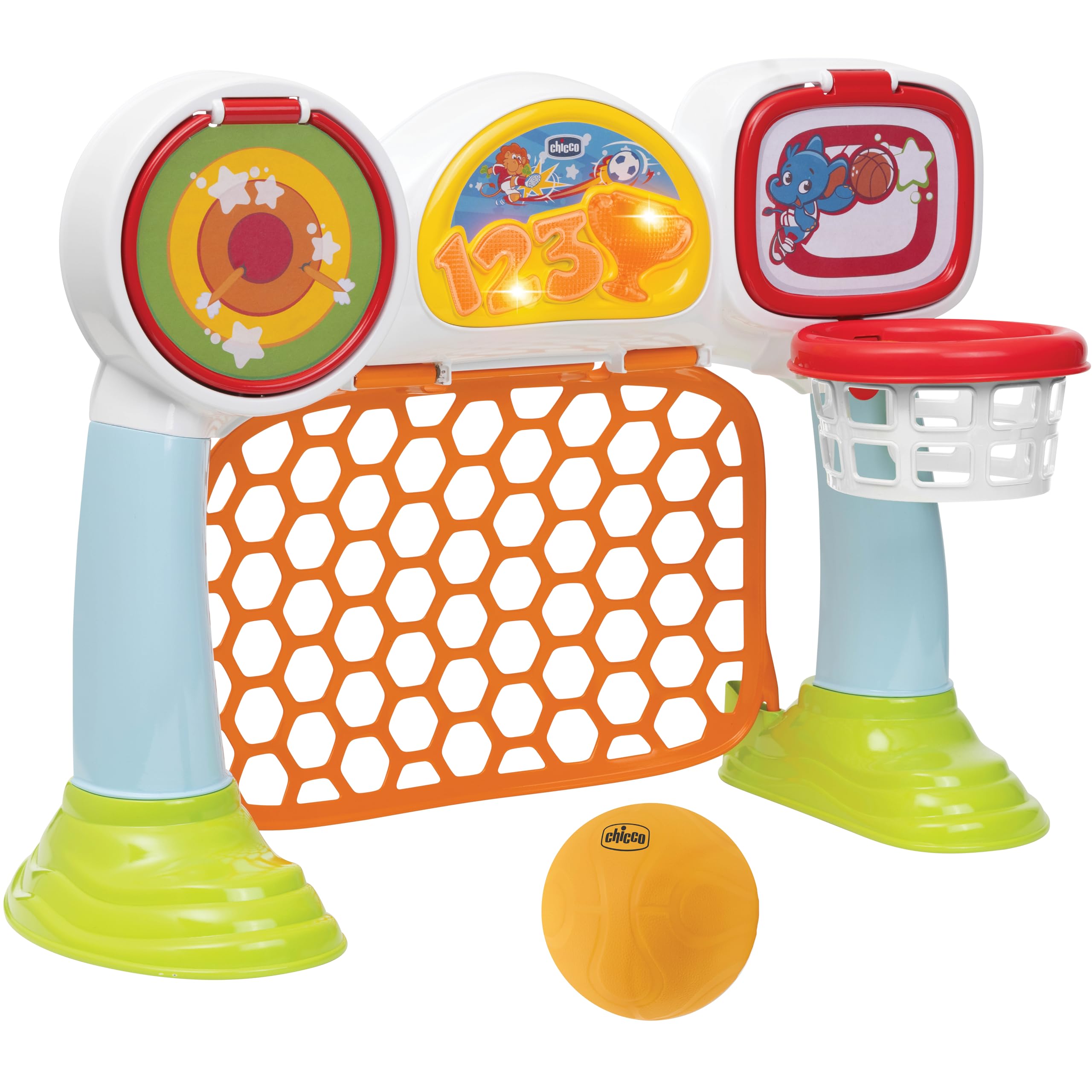 Chicco Gioco Multisport League, Gioco Elettronico e Interattivo, Canestro, Tabellone con Luci e Suoni, 3 modalità di Gioco, Palla di Plastica Morbida Inclusa, Giochi per Bambini 2-5 Anni