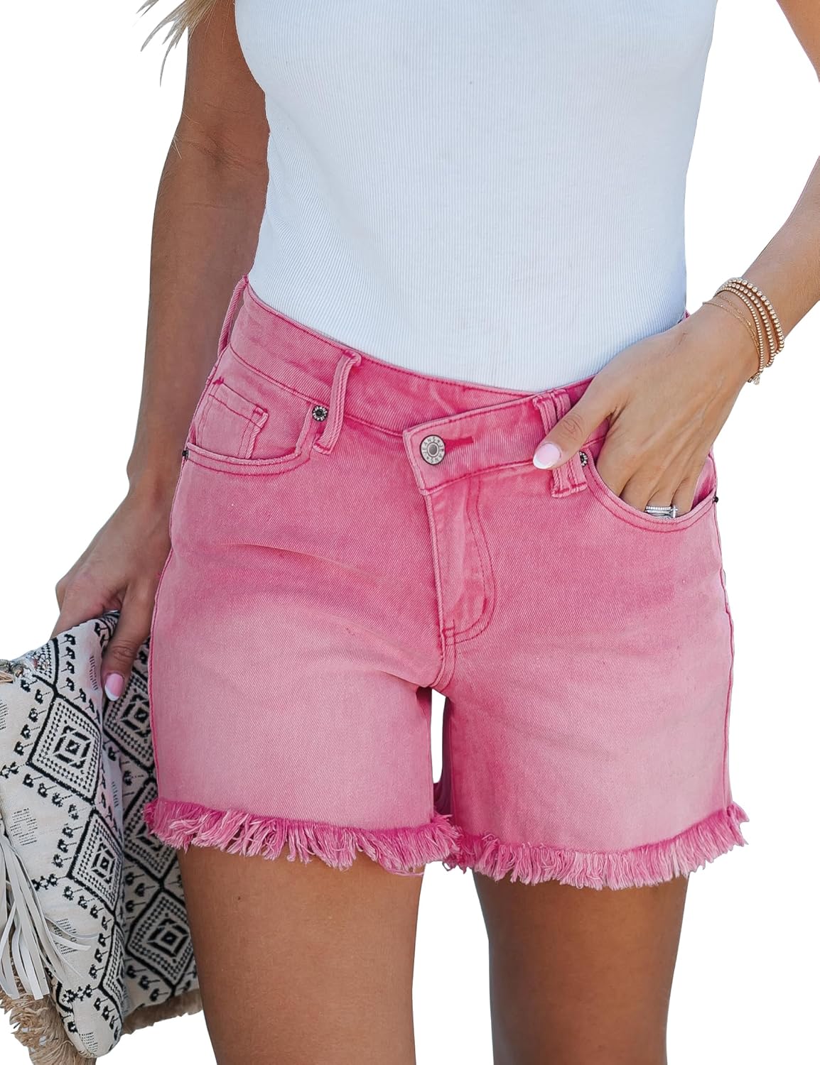 luvamia Jean Shorts for Women Low Waisted Trendy Stretchy Crossover Waist Denim Shorts Raw Hem Casual Summer Pockets