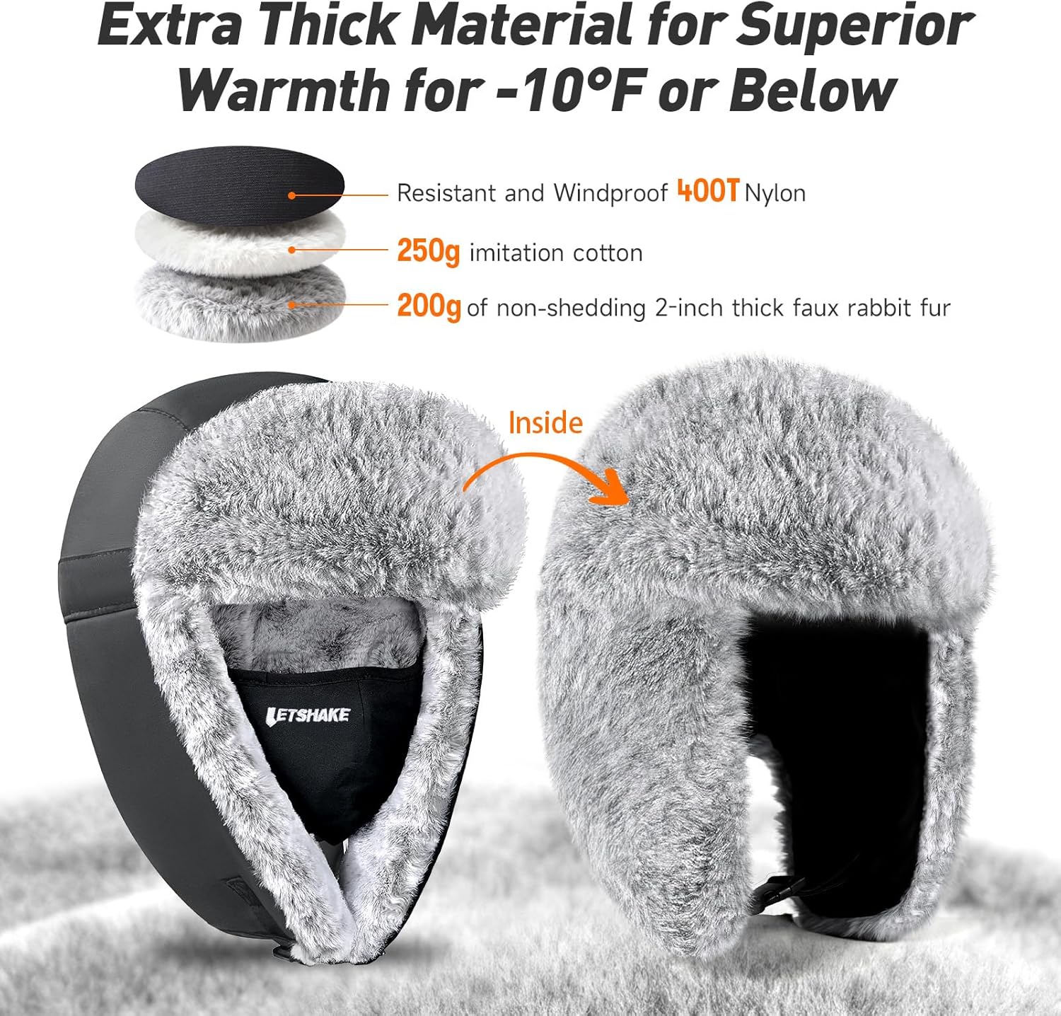 LETSHAKE Winter Trapper Hat for Men Women Extra Thick -10°F Cold Weather Bomber Hunting Hat for Outdoor Activities, Adjustable Russian Ushanka Aviator (56-62cm) Black - Image 3