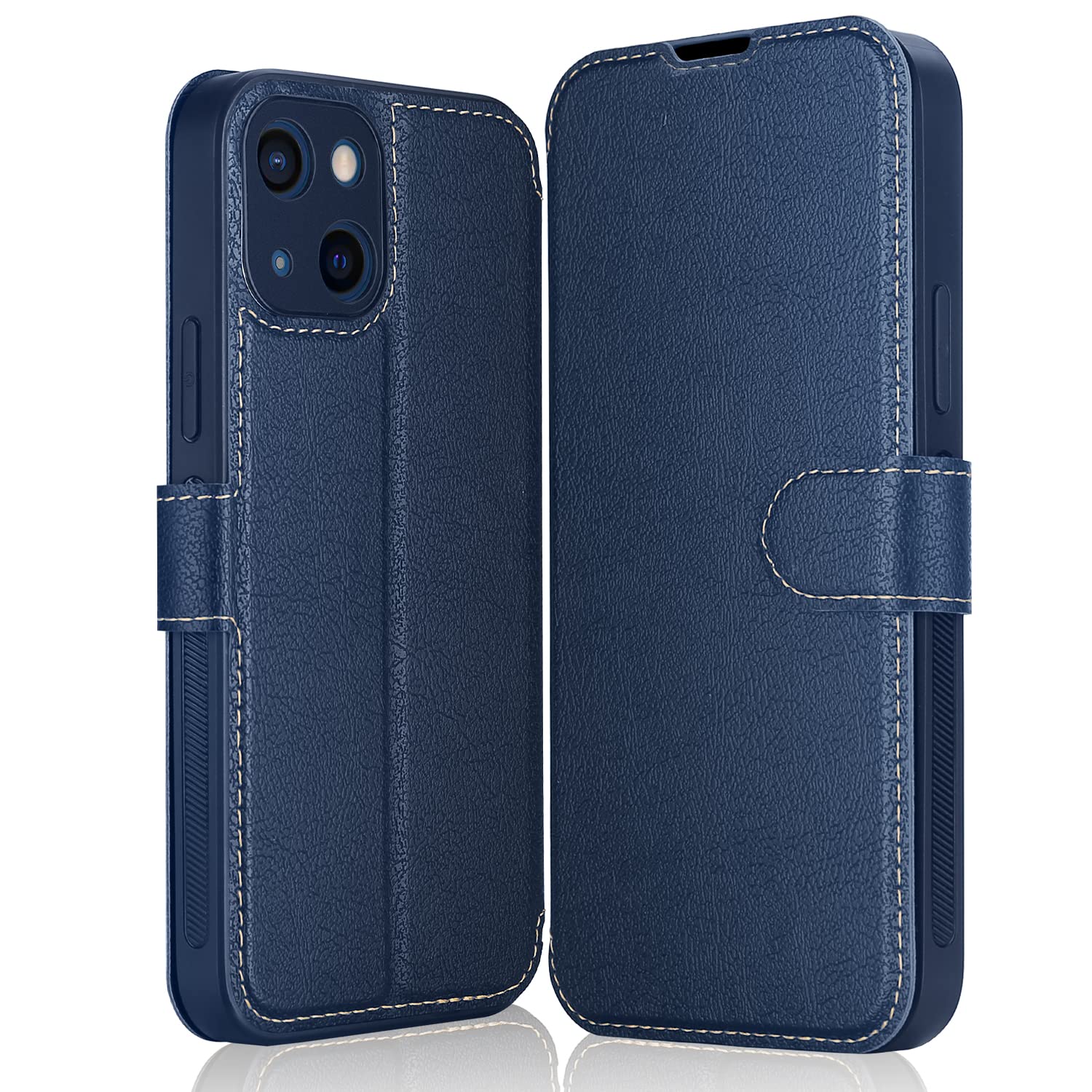 ELESNOWCase iPhone 13-6.1", Premium Leather Wallet Flip Cover [Full Lens Protection] [Magnetic Closure] Compatible with Apple iPhone 13 (Blue)