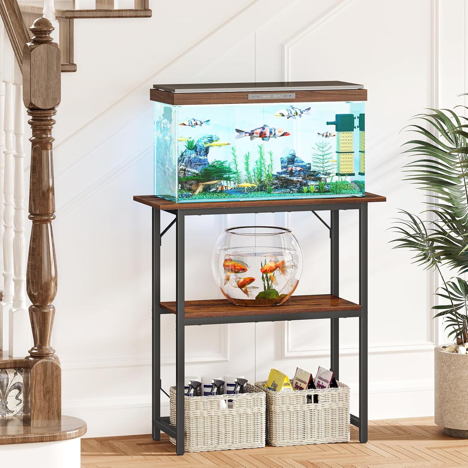 Snughome 10-30 Gallon Fish Tank Stand, Aquarium Stand 2-Tier Storage Shelves, Heavy Duty Terrarium Stand for Home Office Fish Tank Shelf, 30" L x 11.8" W x 30.7" H, Rustic Brown