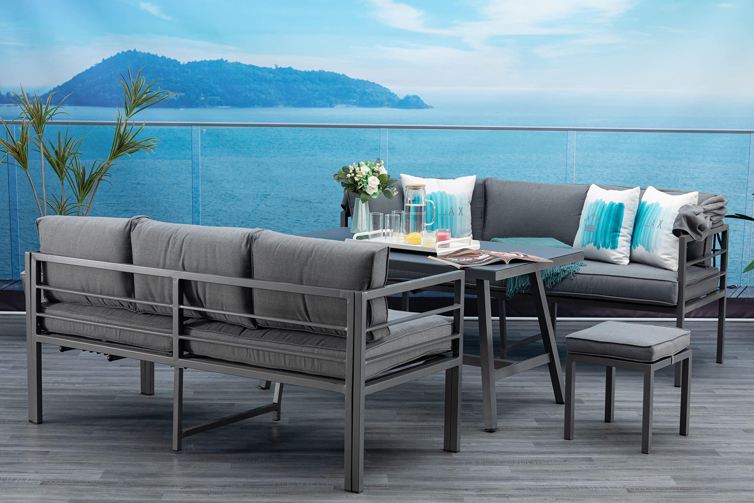 Mandalika Garden Newport Hohe Dining Aluminium Lounge, 3 in 1 | Mit Sonnendach, Verstellbare Kopfteile, Garten Sitzgruppe