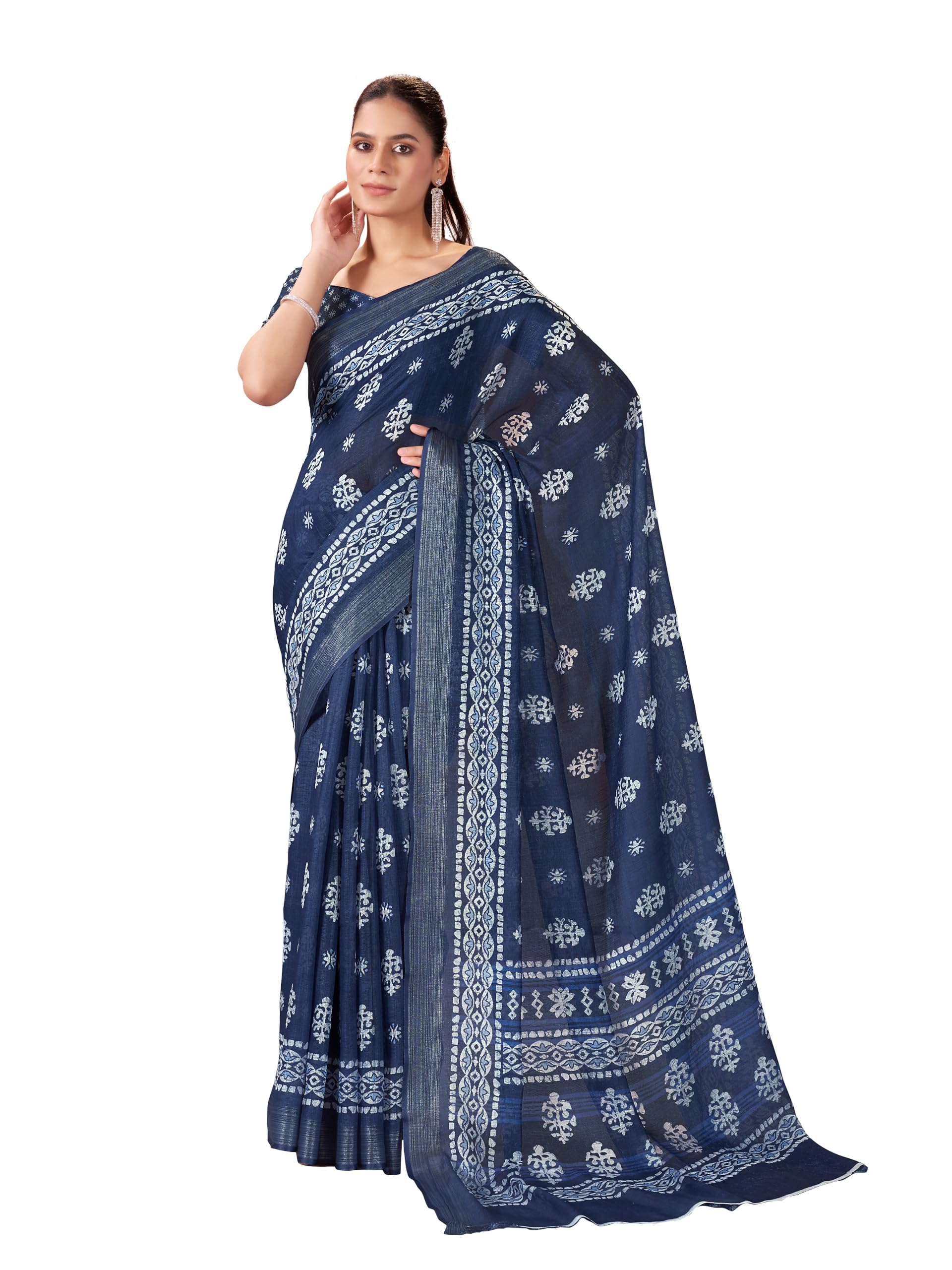 Block Print Indigo Saree With Unstiched Blouse Piece-image-40