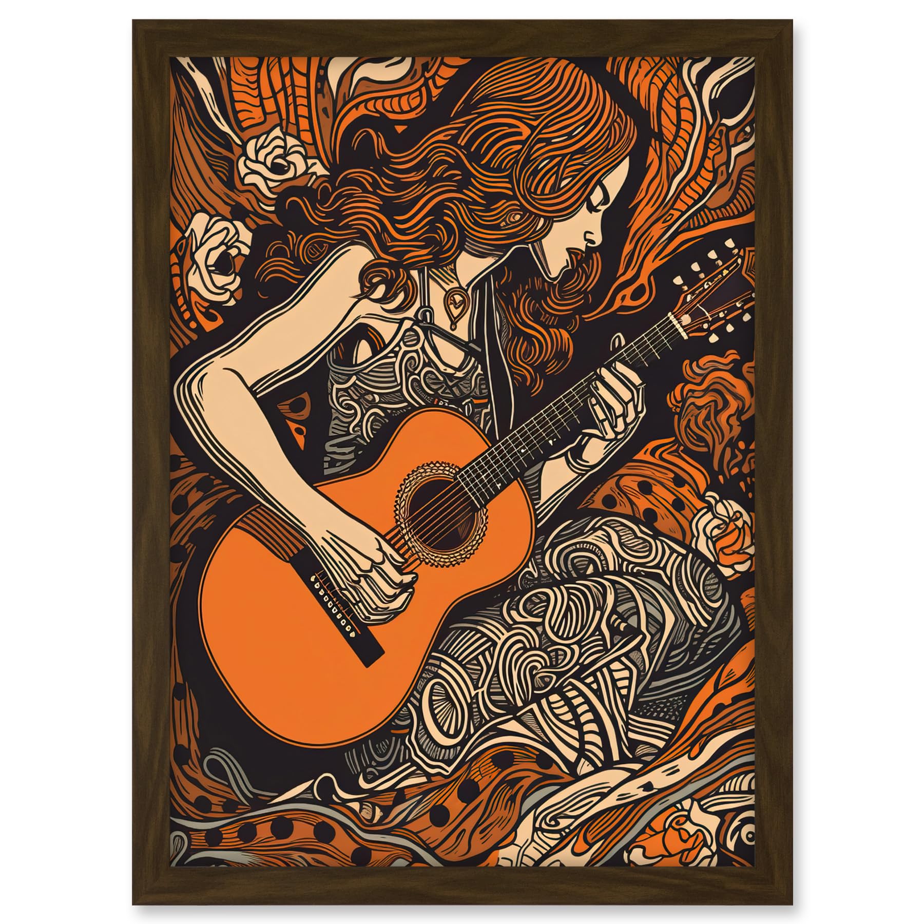 Artery8 Woman Playing Guitar Music in Rose Flower Field Artwork Framed A3 Wall Art Print
