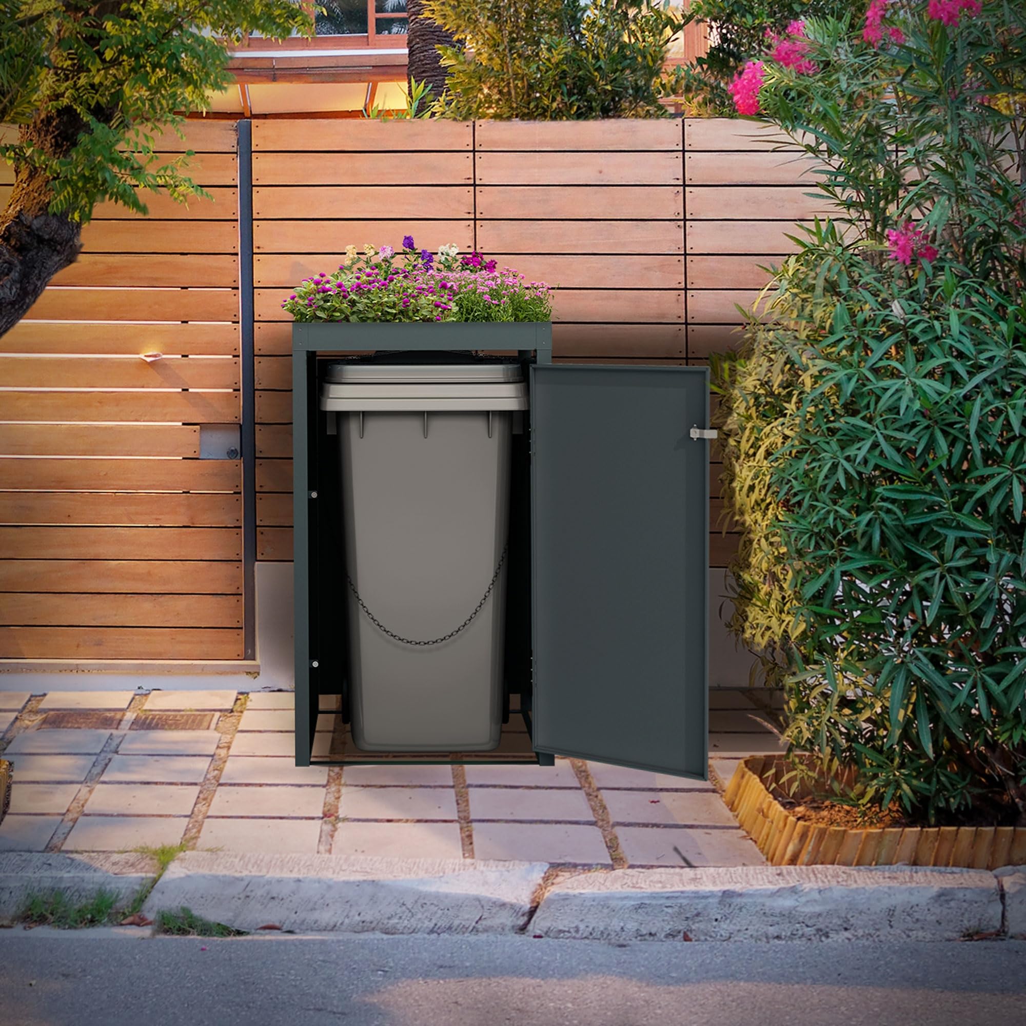 ML-Design Box pour 1 Poubelle avec Toit Végétal, jusqu'à 240L, 68x80x124 cm, en Acier, Anthracite/Aspect Mélèze, Résistant aux Intempéries, Habillage de Poubelle Verrouillable, Conteneur Abri Hangar