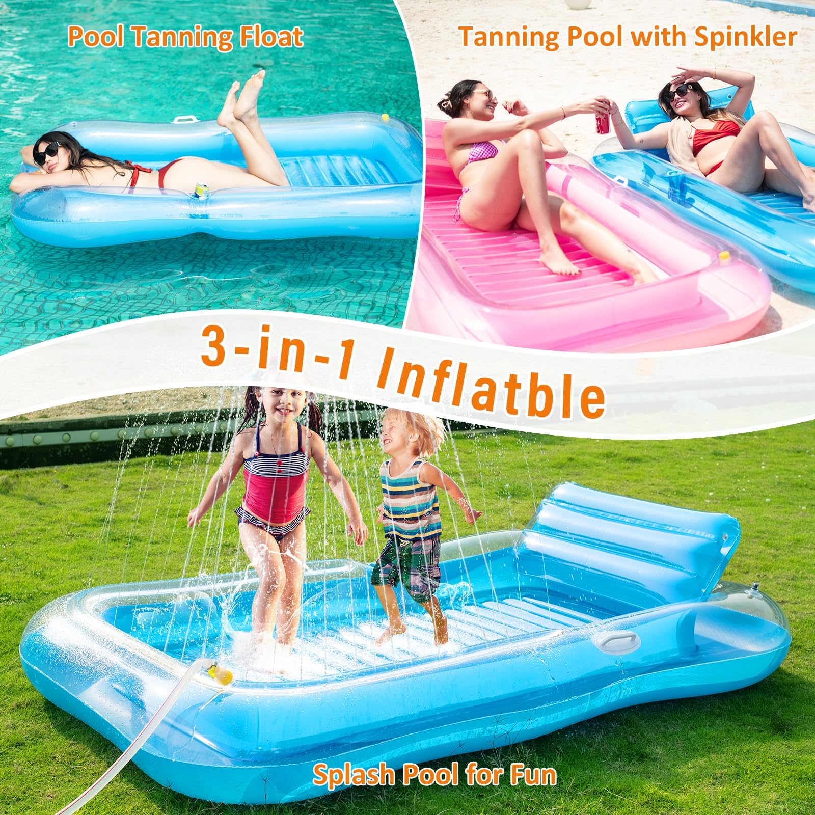 Aufblasbare Sonnenliege mit Sprinkler, Poolschwimmer für Erwachsene mit Kissen-Becherhalter, aufblasbares Sonnenbett, Sonnenbad-Raft, Floatie für Hinterhof, Pools, Strand, Sommer, Wasserparty