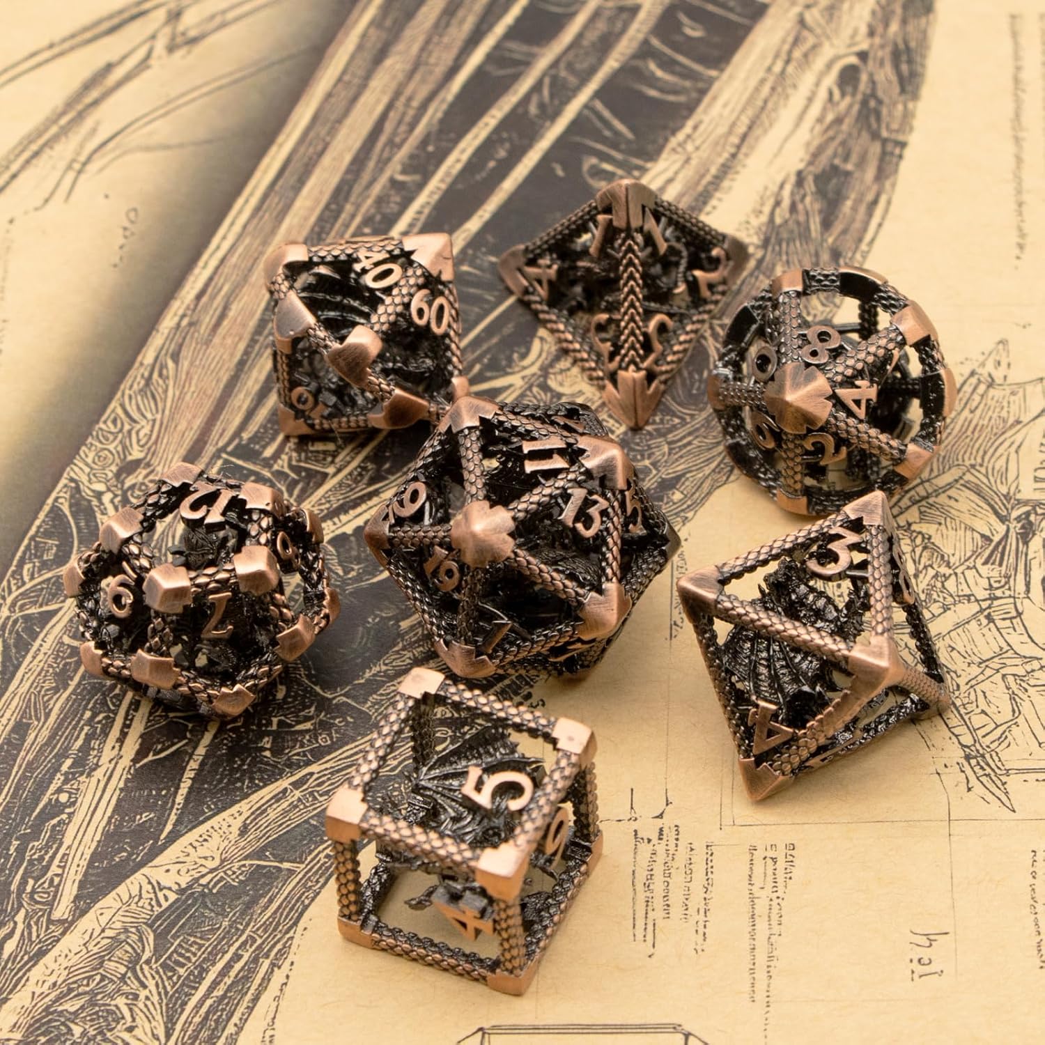 D&D Dice, Dungeons and Dragons Metal Dice Set of 7PC,DND Dice Role Playing D and D Starter Dice for RPG MTG Table Board Games Pathfinder Warhammer Shadowrun Yahtzee (3D-Copper)