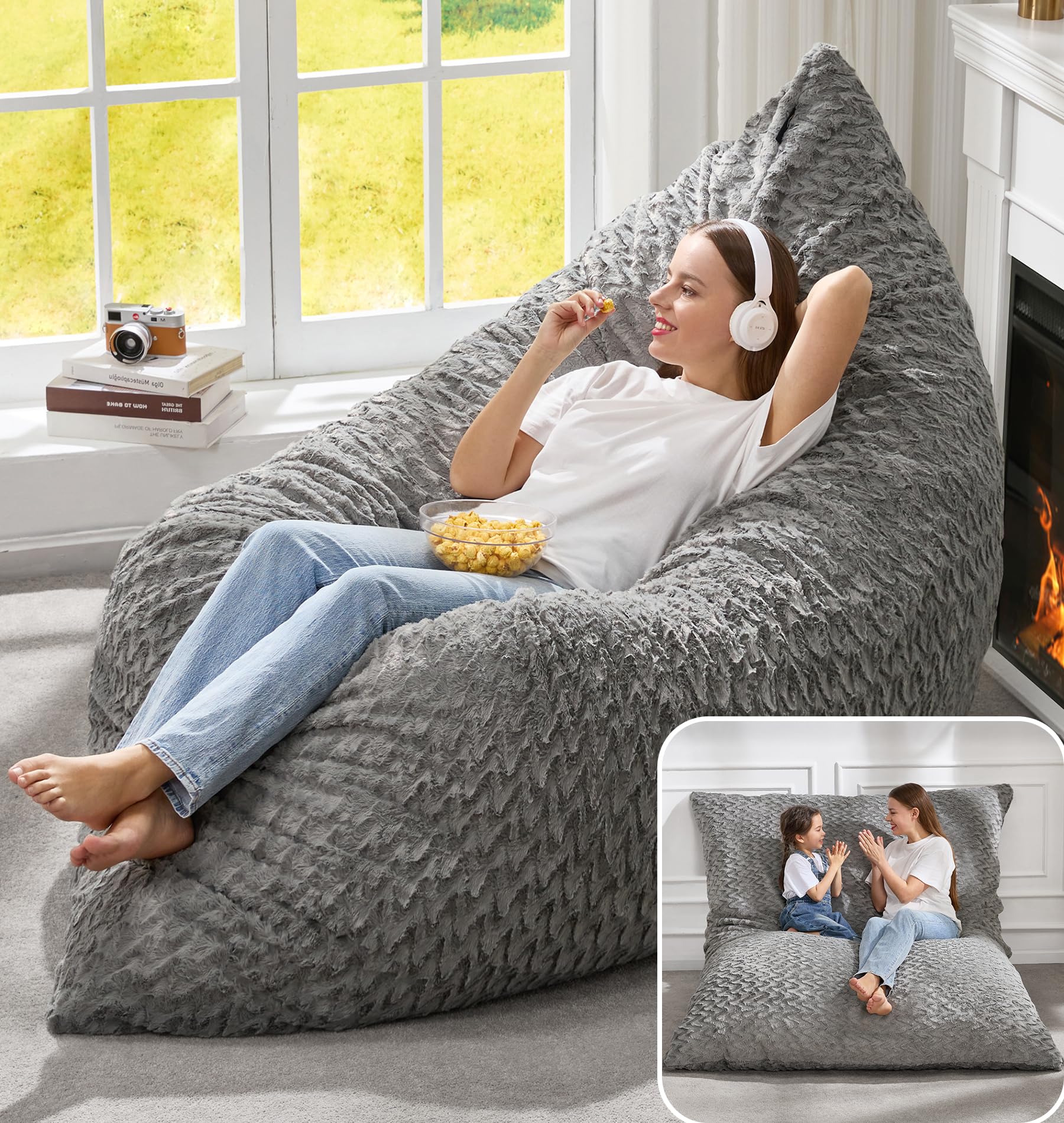 Hobestluk 3 in 1 Bean Bag Chair Giant Bean Bag Chairs for Adults with Chevron Plush Fur Cover Convertible Bean Bag Floor Cushion with Machine Washable Cover for Living Room (Chevron Plush Grey)