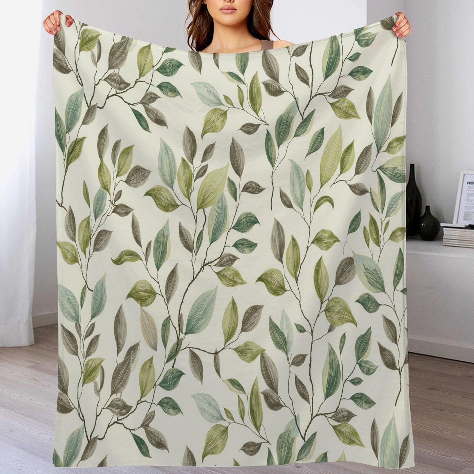 Manta Verde Claro - Manta con Estampado Hojas Y Ramas De Eucalipto Acogedora, Mantas Plantas Naturales Y Elegantes Franela Ligera Suave, para niñas niños Adultos Cama sofá 180x200 cm