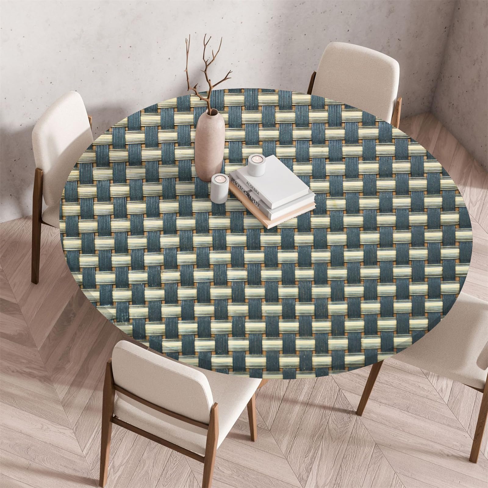 Muiuou Round Tablecloth, Wood Texture Printing Reusable Waterproof Oil-Proof Elastic Round Table Cover Cloth, Fitted Kitchen Restaurant Picnic Home Decoration