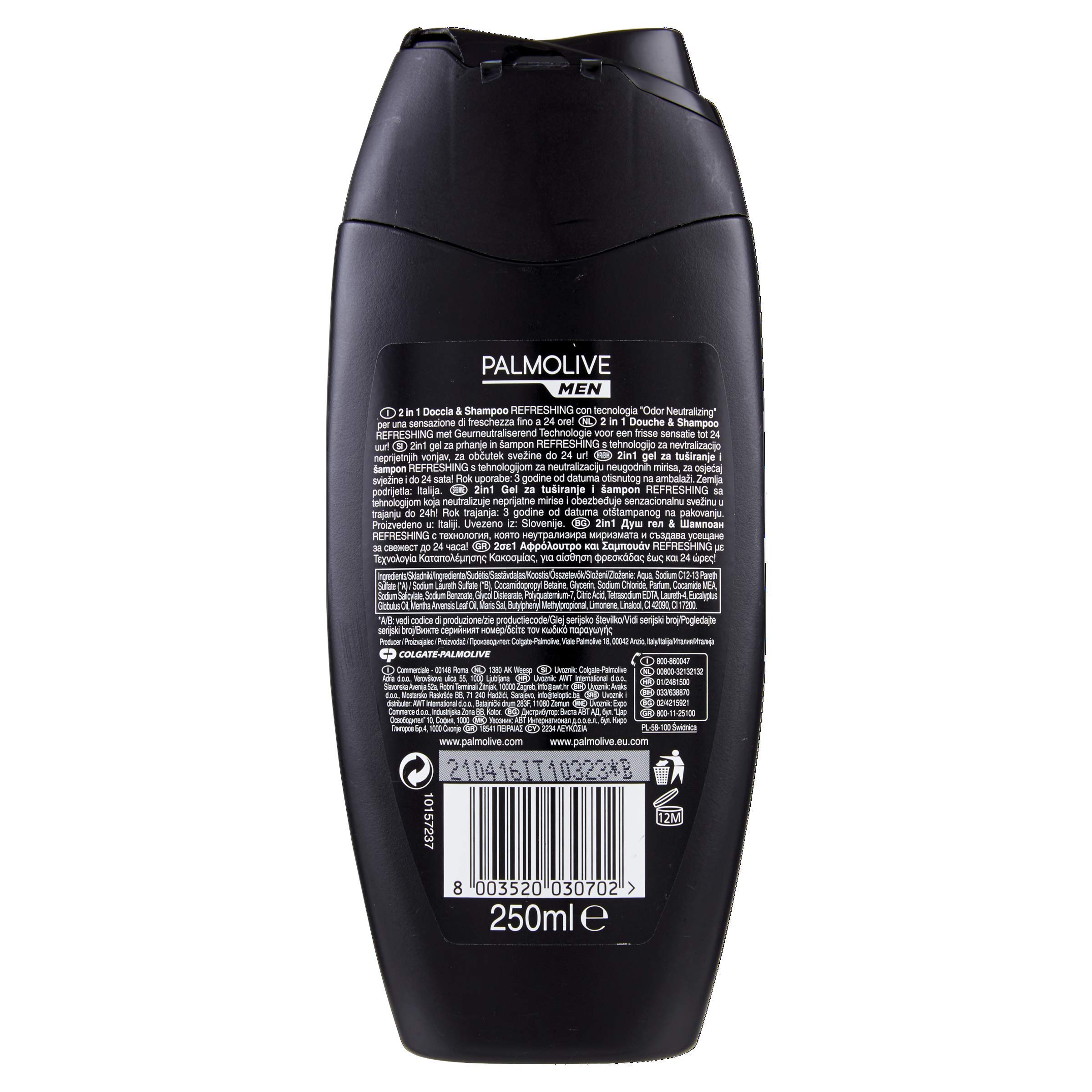 Palmolive Doccia Schiuma Men Refreshing 3in1 Corpo, Viso e Capelli, 12 Pezzi da 250 ml