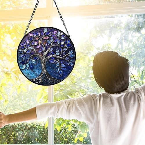 Miniatura 42 de Vidriera Colgante para Ventana, Colorido Árbol de la Vida Atrapasoles Panel de Vidrio Azul Decoración Atrapasol para Cumpleaños para Mujeres