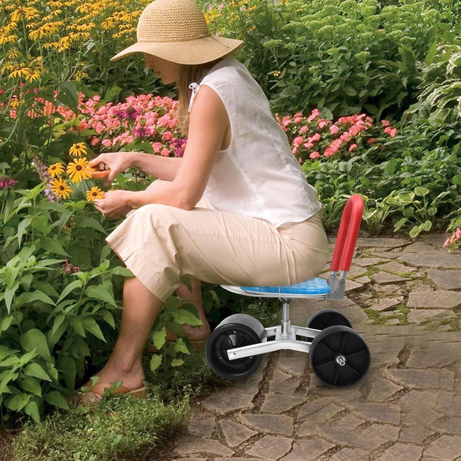 Rolling Garden Work Seat with Wheels, 360° Rotation and Adjustable Height 9.06-14.96 in Garden Stool on Wheels Heavy Duty 330 lbs Load Capacity for Patio Yard Orchard Farmland, 3 Wheels