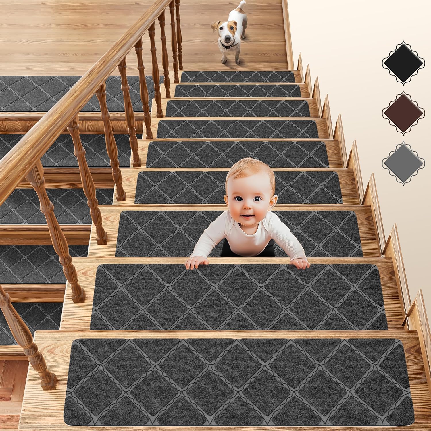 Grey Stair Treads 20x76cm /8"x30" Non-Slip Self Adhesive Carpet Stair Mats, Modern Simple Stair Covers for Indoor Wooden Steps, Safety Stair Pads for Kids Pets Elders and Pets 15 Pack (Grey Cube)