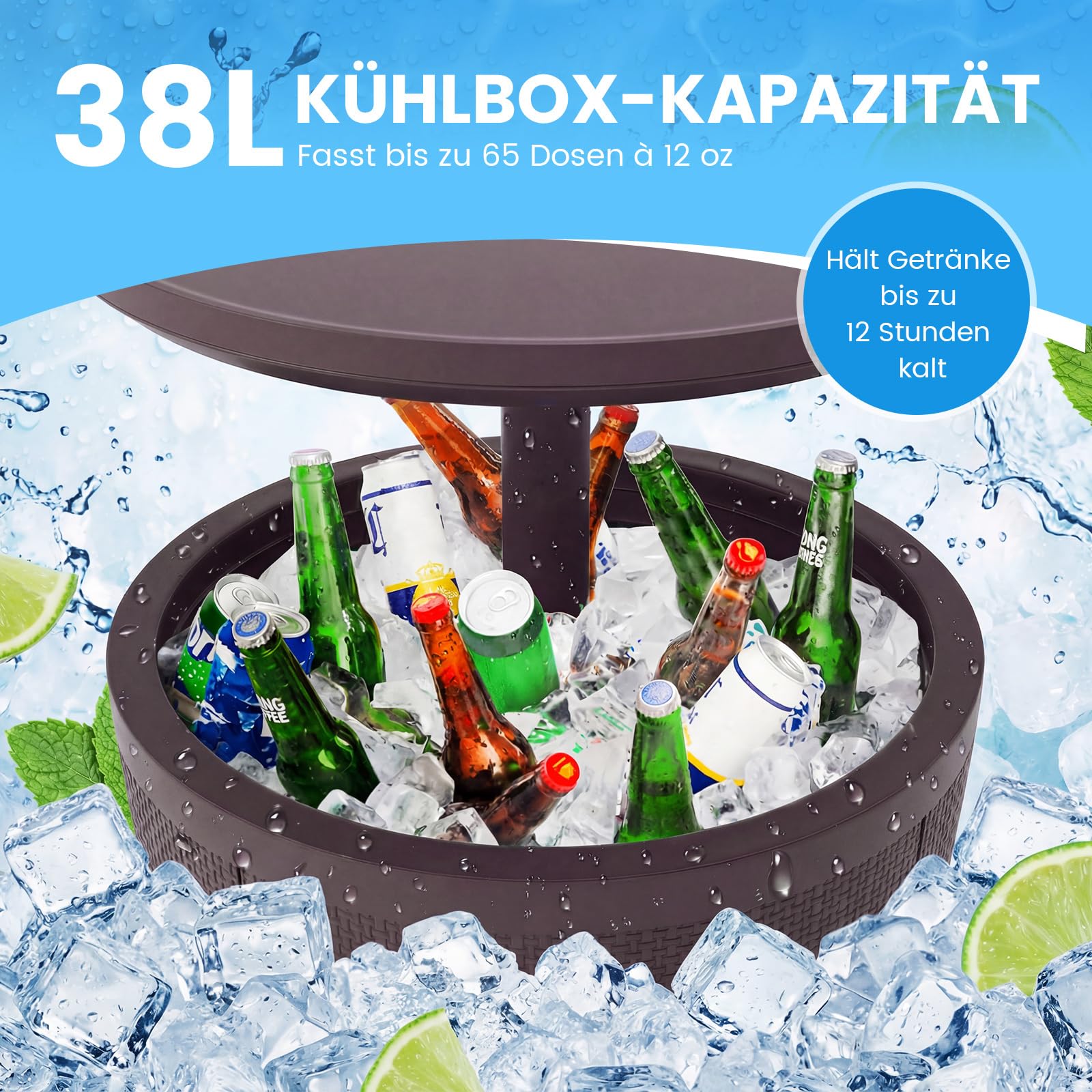 COSTWAY Cool Bar, stół chłodzący do użytku na zewnątrz, odporny na warunki atmosferyczne, 38 l, stolik pomocniczy z pokrywą podnoszącą, na imprezę, do ogrodu, na taras (brązowy)