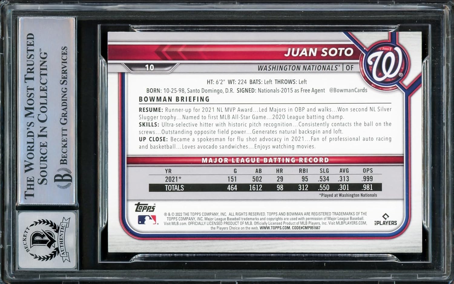 Juan Soto Autographed 2022 Bowman Baseball Card #10 Auto Grade Gem Mint 10 Beckett BAS Stock #218673