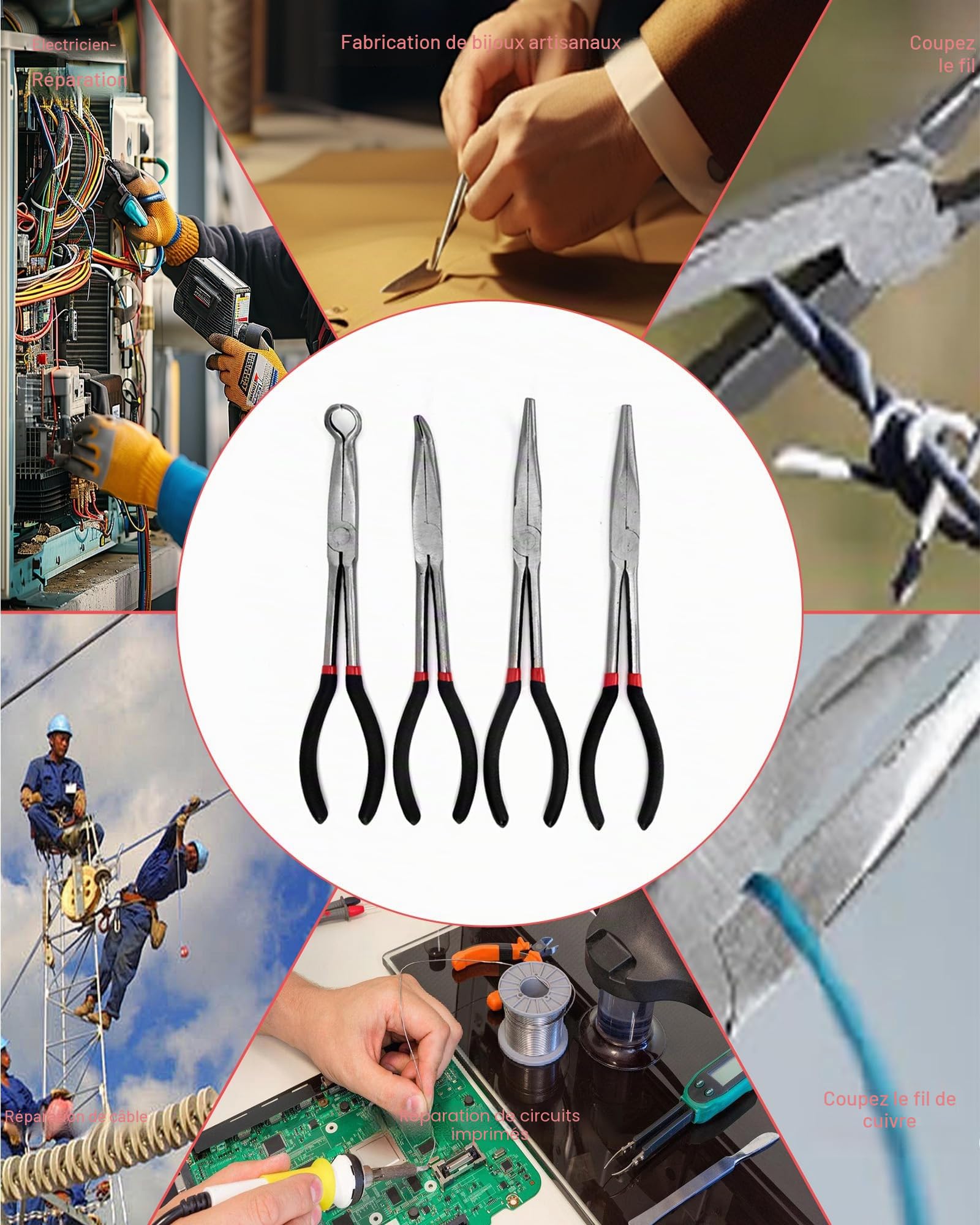 Jeu de 4 Pinces à Bec Long: Pince à Bec Droit 280 mm, pince à angle de 45°, 90° et Circulaire pour l'industrie, la Construction, l'ingénierie Mécanique, l'automobile