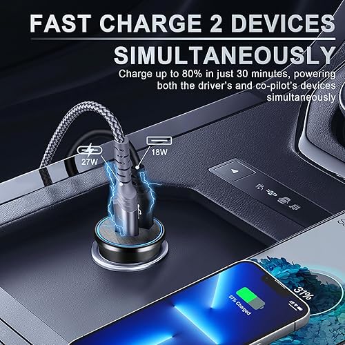 Miniatura 2 de UREHEPO Cargador de coche USB C, adaptador de carga rápida de puertos duales de 45 W, PD30W y QC3.0 compatible con iPhone 14 13 12 11 Pro Max, iPad