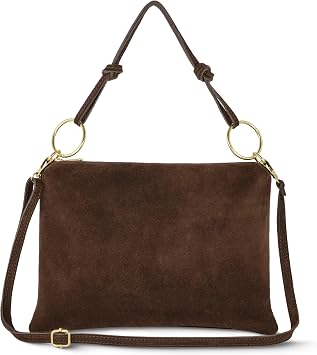 Italian Genuine Suede Shoulder Bag for Women | Rectangular Slim Handbag with Zipper, Top Handle & Crossbody Strap Chocolate