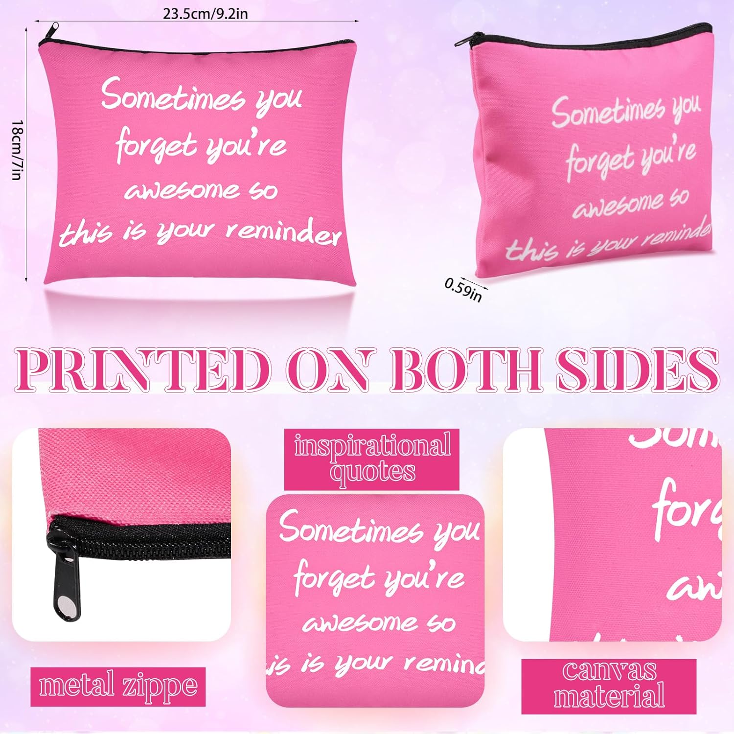 12 PCS Inspirational Canvas Makeup Bags Bulk Makeup Bags for Women Inspirational Quotes Cosmetics Bags with Zipper Gift for Valentine's Day Christmas Graduation(Pink) - Image 2